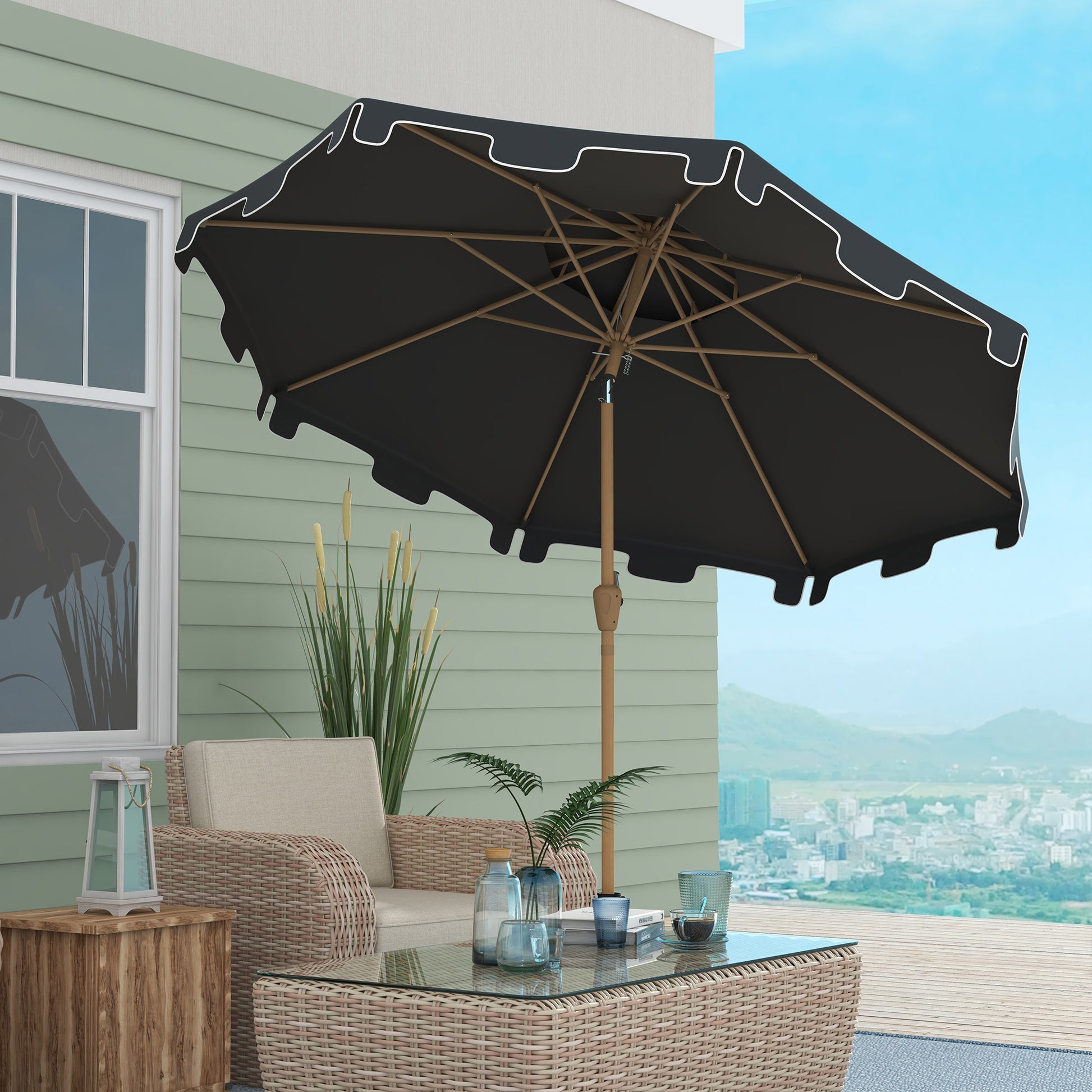 Black patio umbrella with scalloped edge and white trim perfect for outdoor relaxation