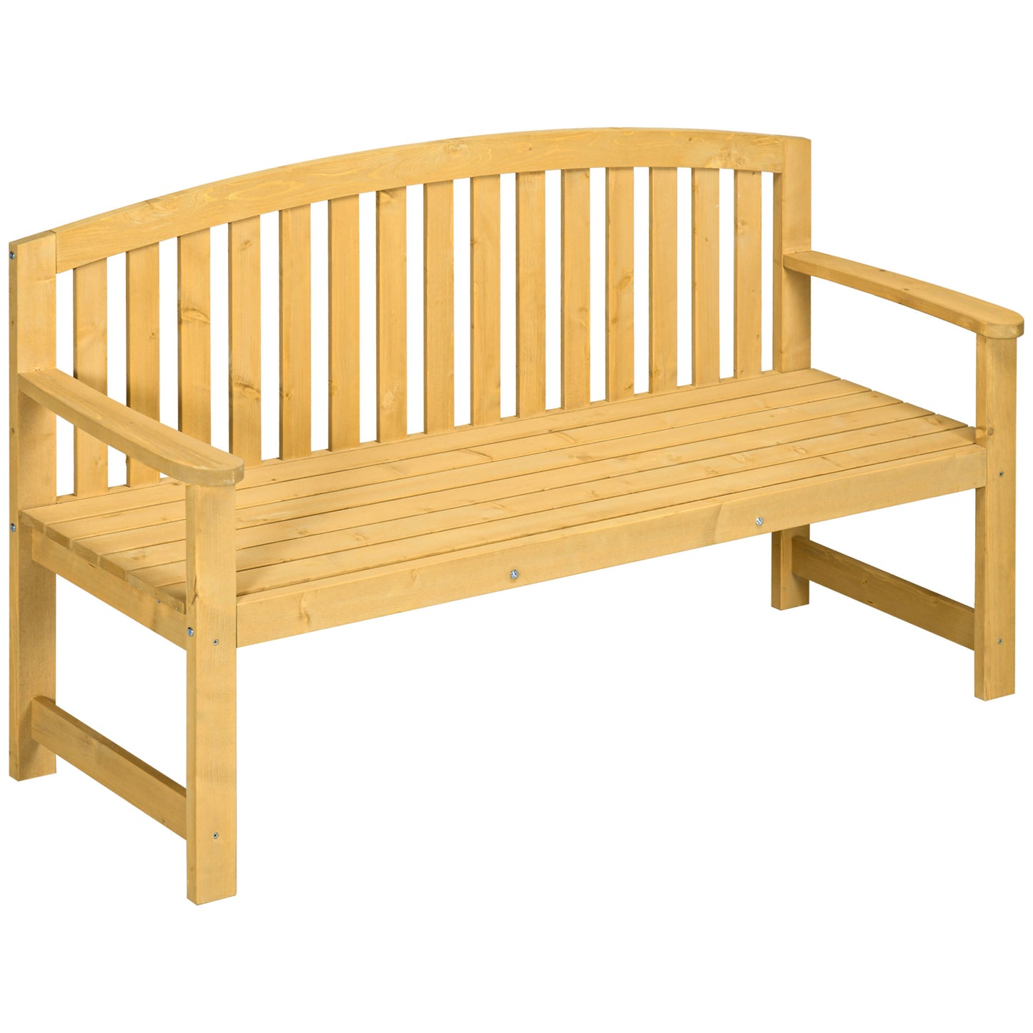 Natural wood garden bench with slatted seat and curved back