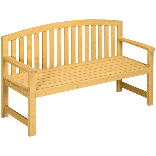 Natural wood garden bench with slatted seat and curved back