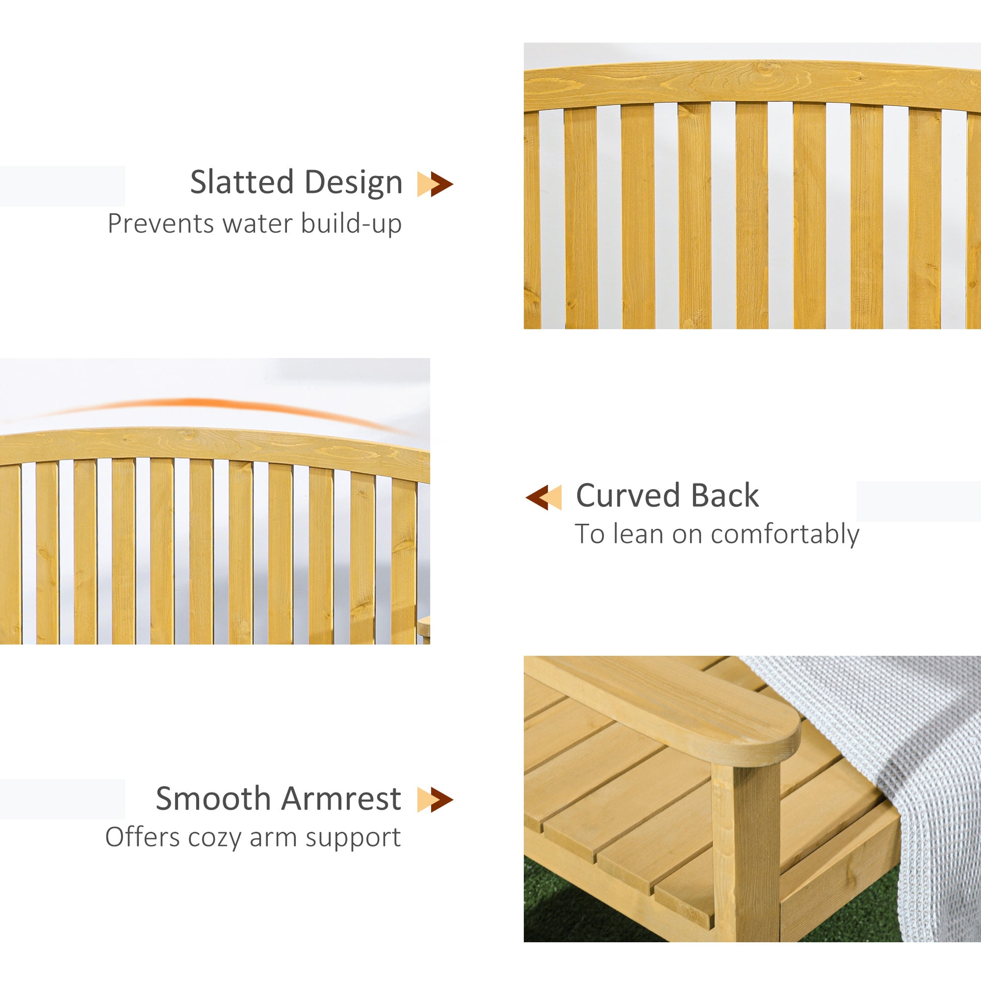 Yellow wooden outdoor bench with slatted design for water drainage