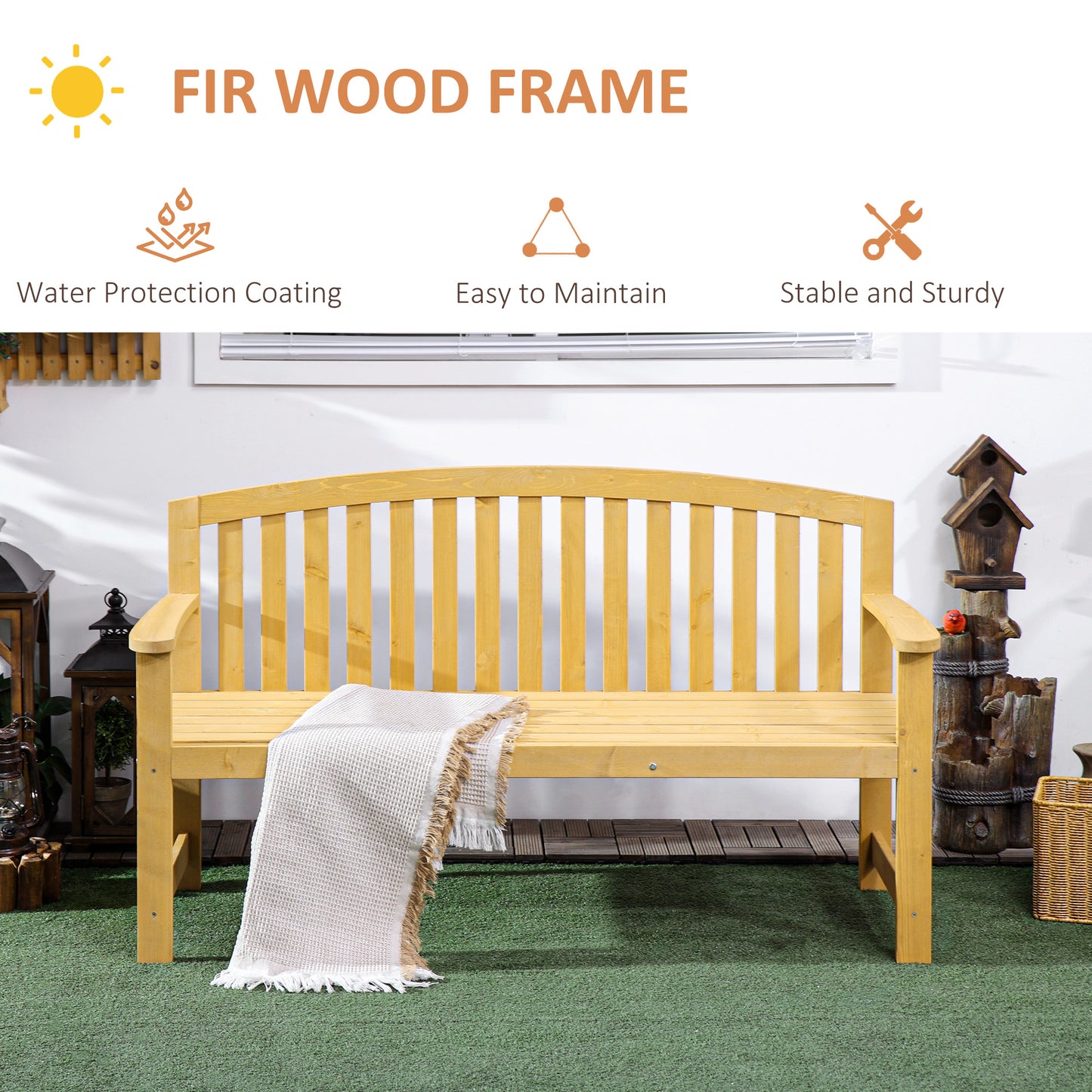 Light yellow fir wood bench with slatted seat and backrest perfect for garden seating