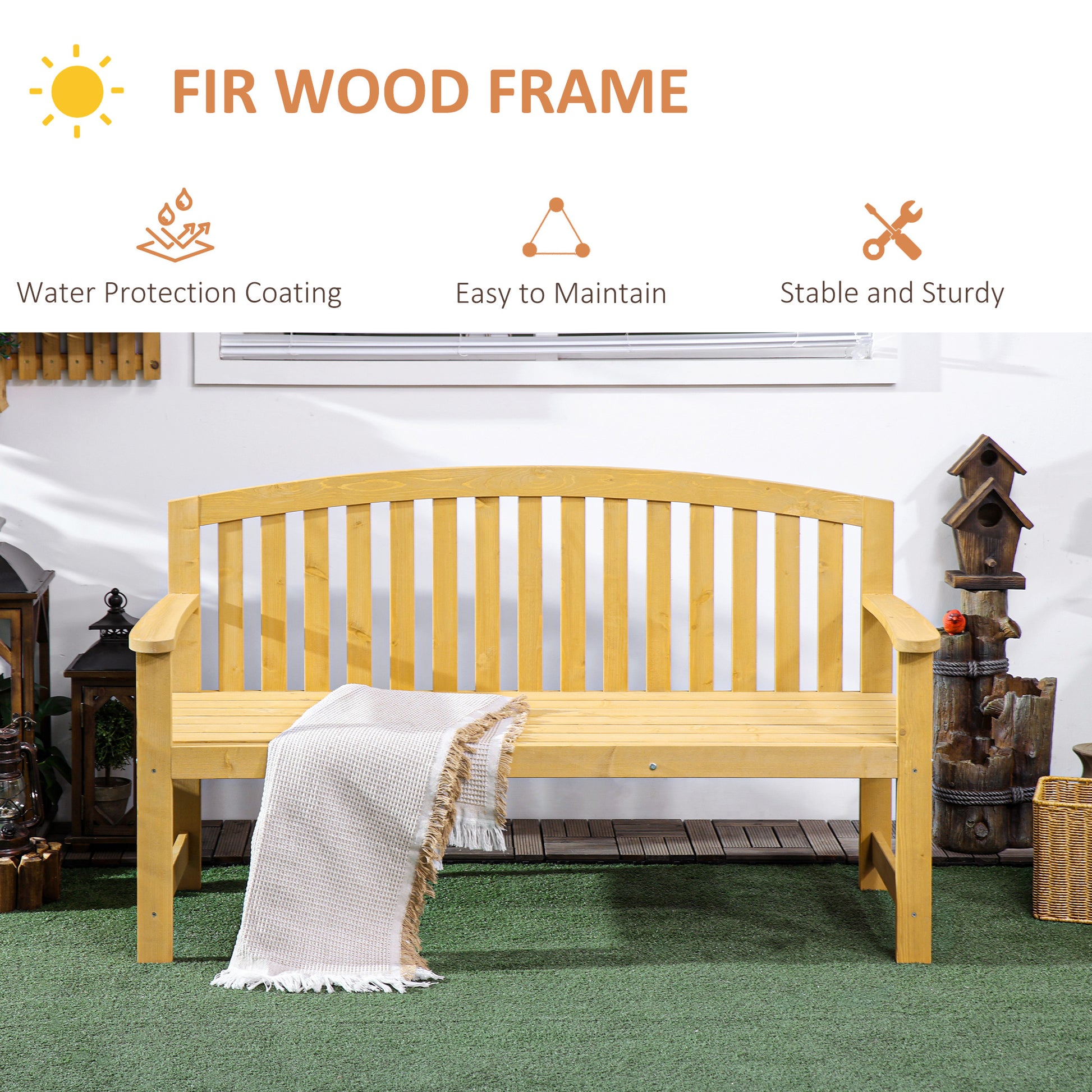 Light yellow fir wood bench with slatted seat and backrest perfect for garden seating