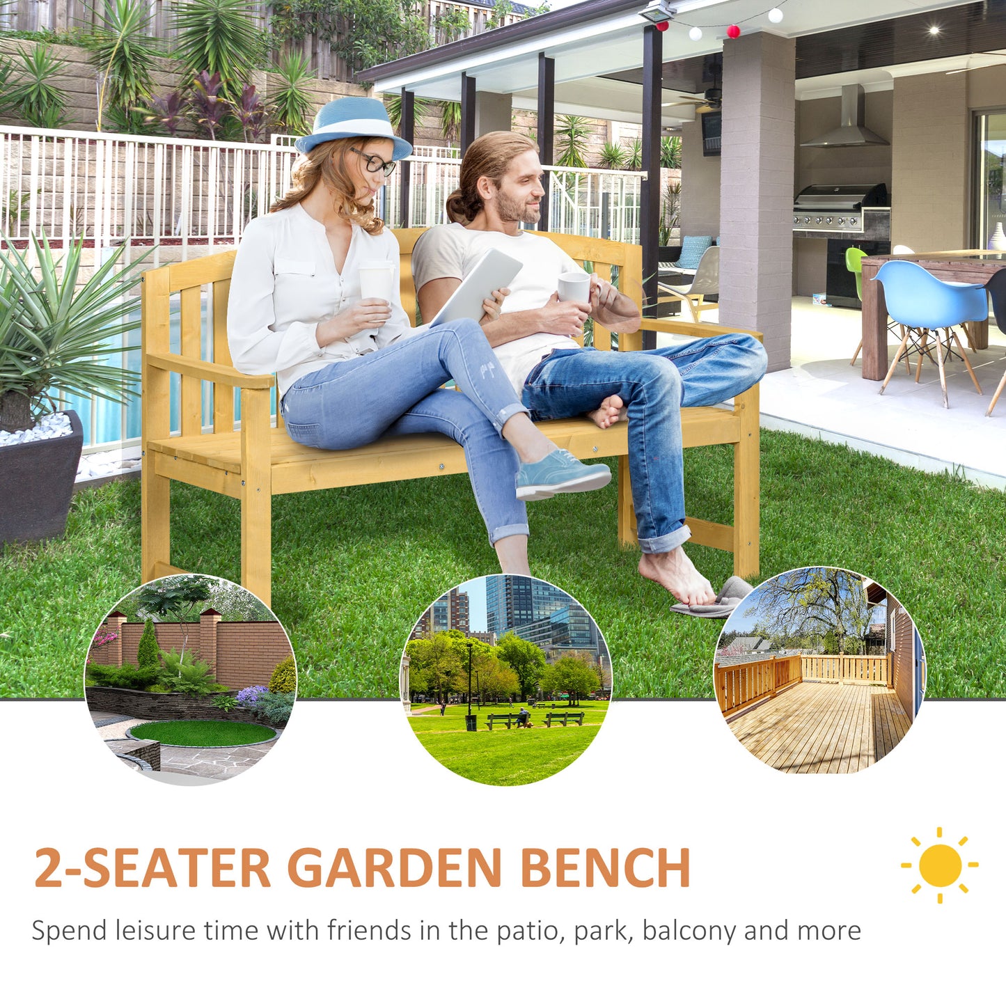 Natural wood seater garden bench with comfortable seating for outdoor relaxation