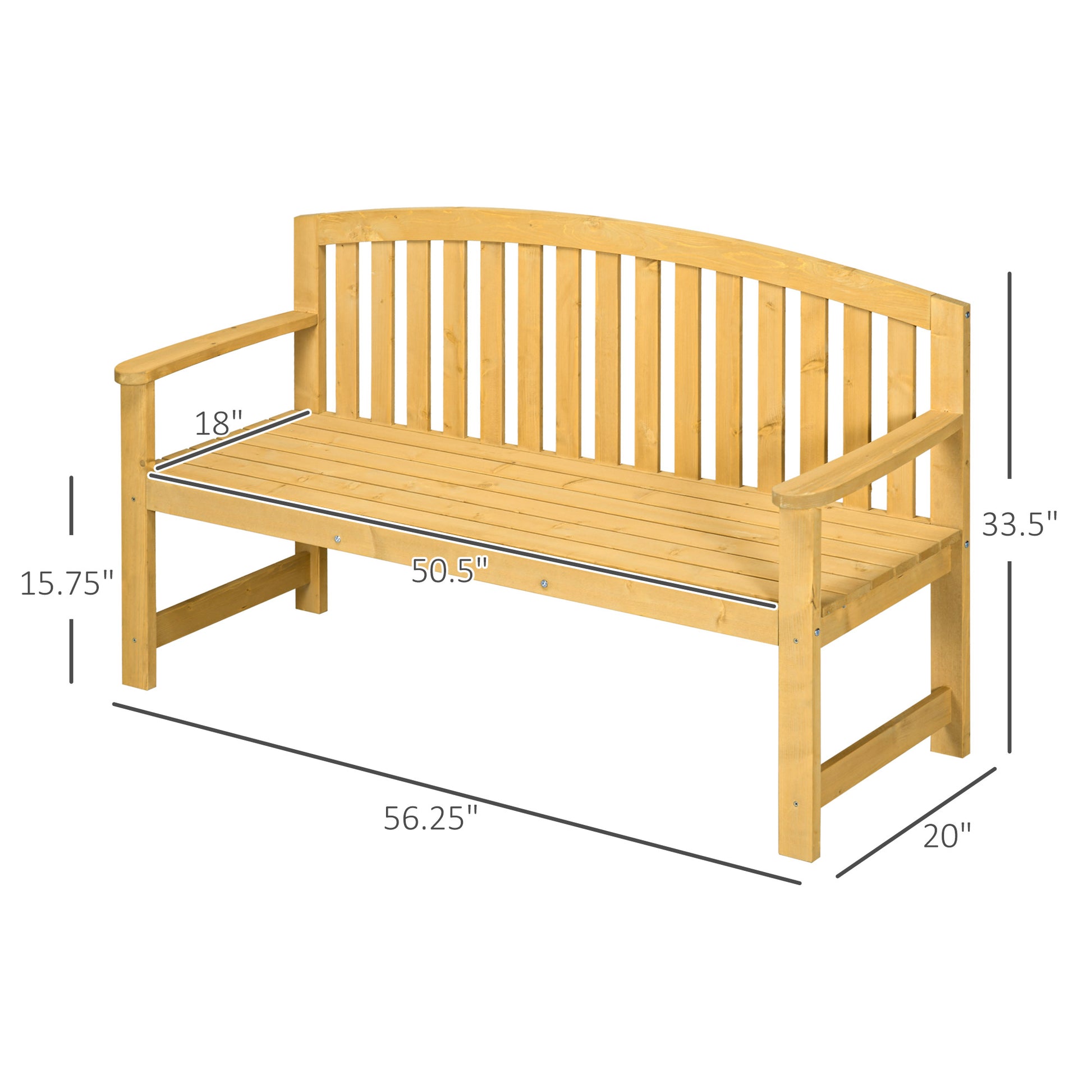 Natural wood garden bench with slatted seat and back featuring armrests and curved top