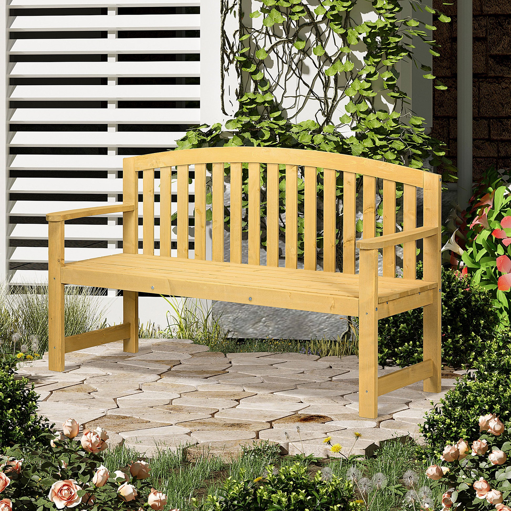 Natural wood garden bench with curved back perfect for outdoor seating