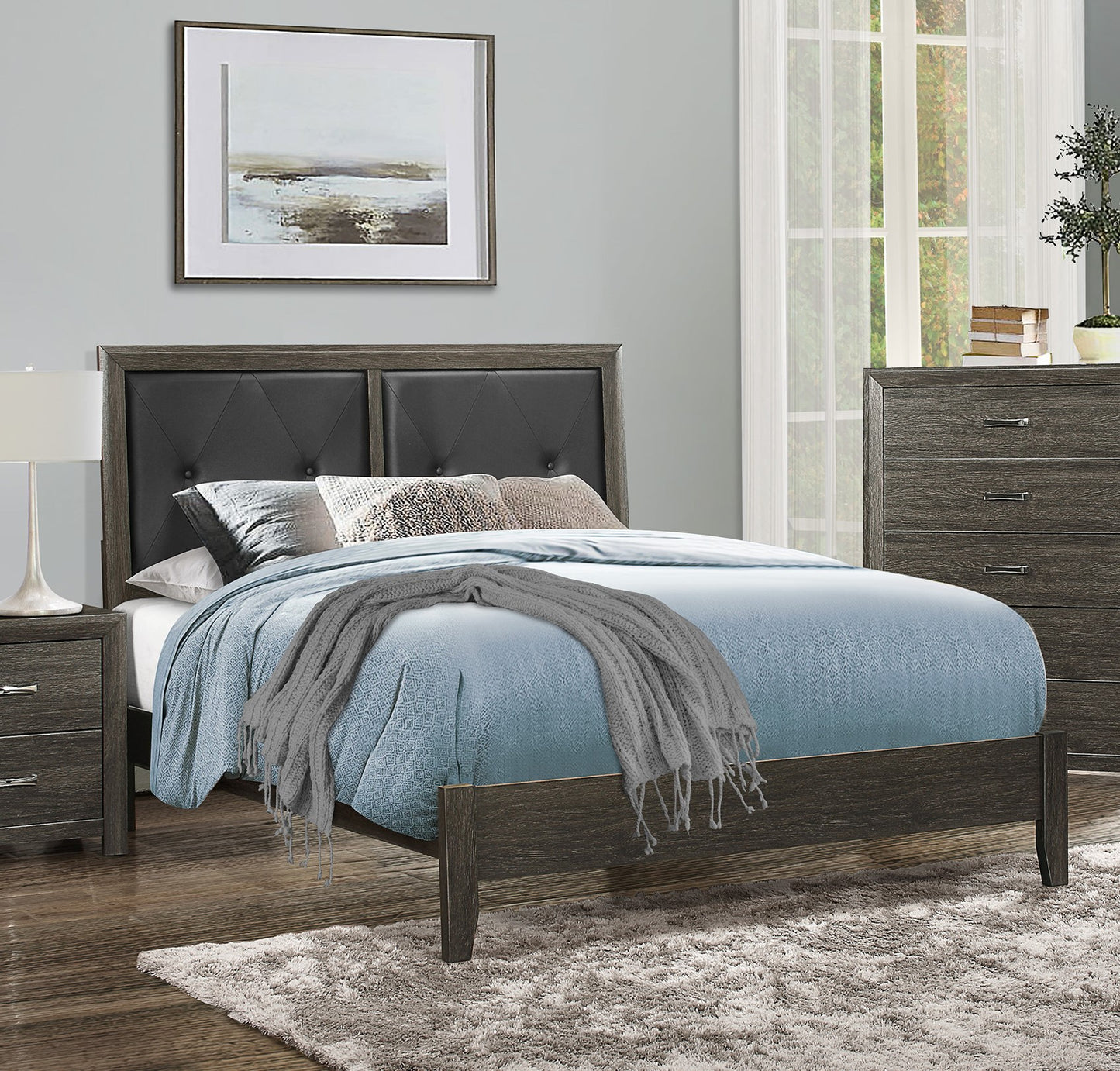 King size modern bed with dark grey tufted headboard