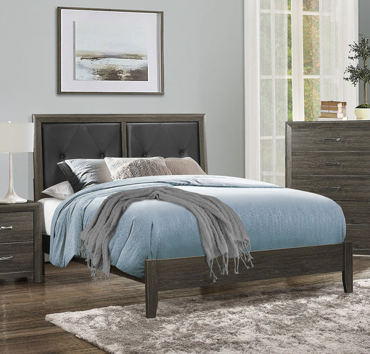 King size modern bed with dark grey tufted headboard