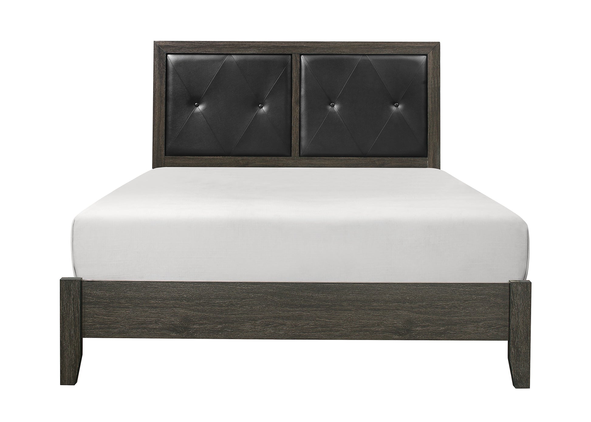 Modern gray wood bed frame with tufted black faux leather headboard