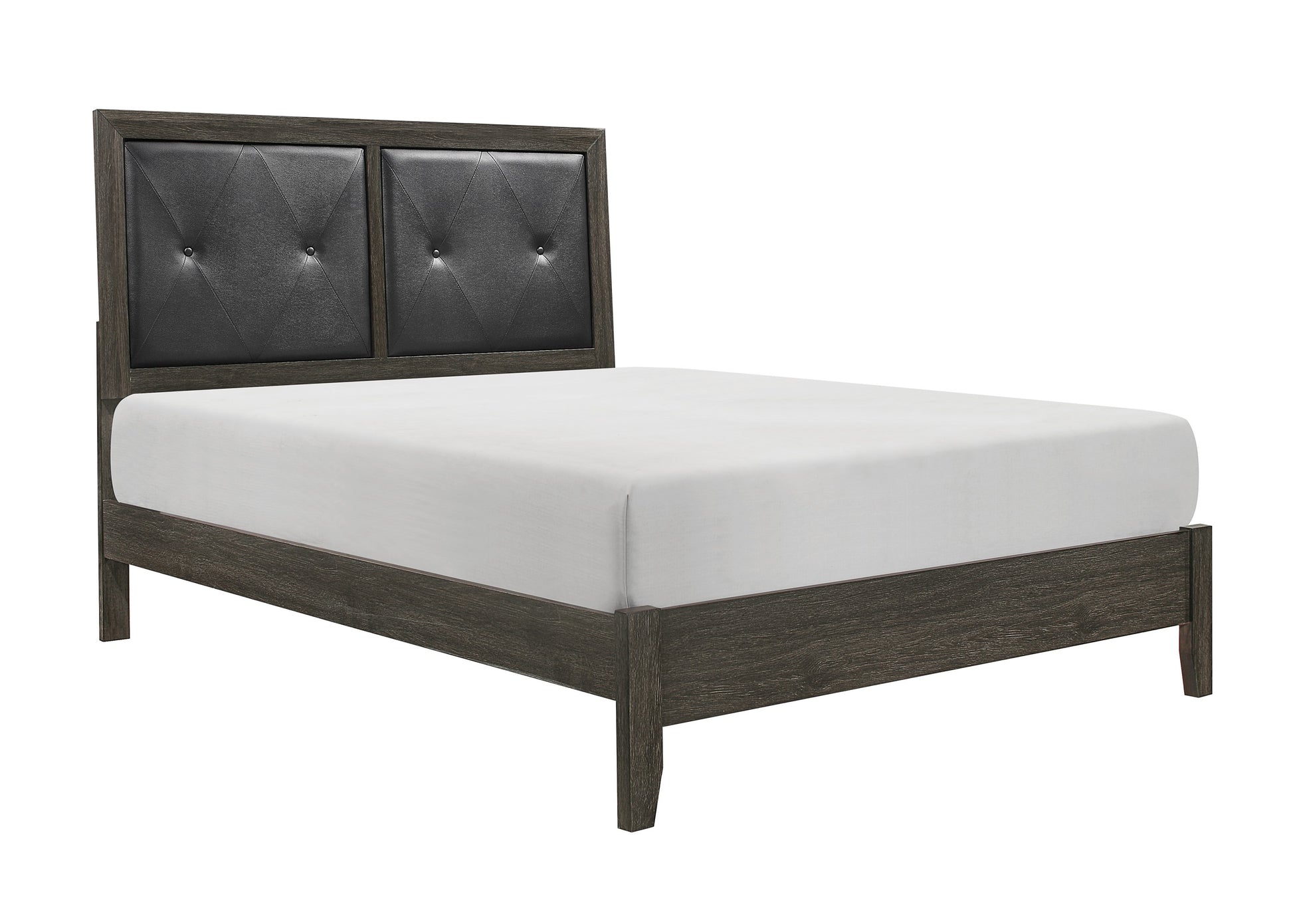 Tufted black leather headboard on a dark wood frame bed