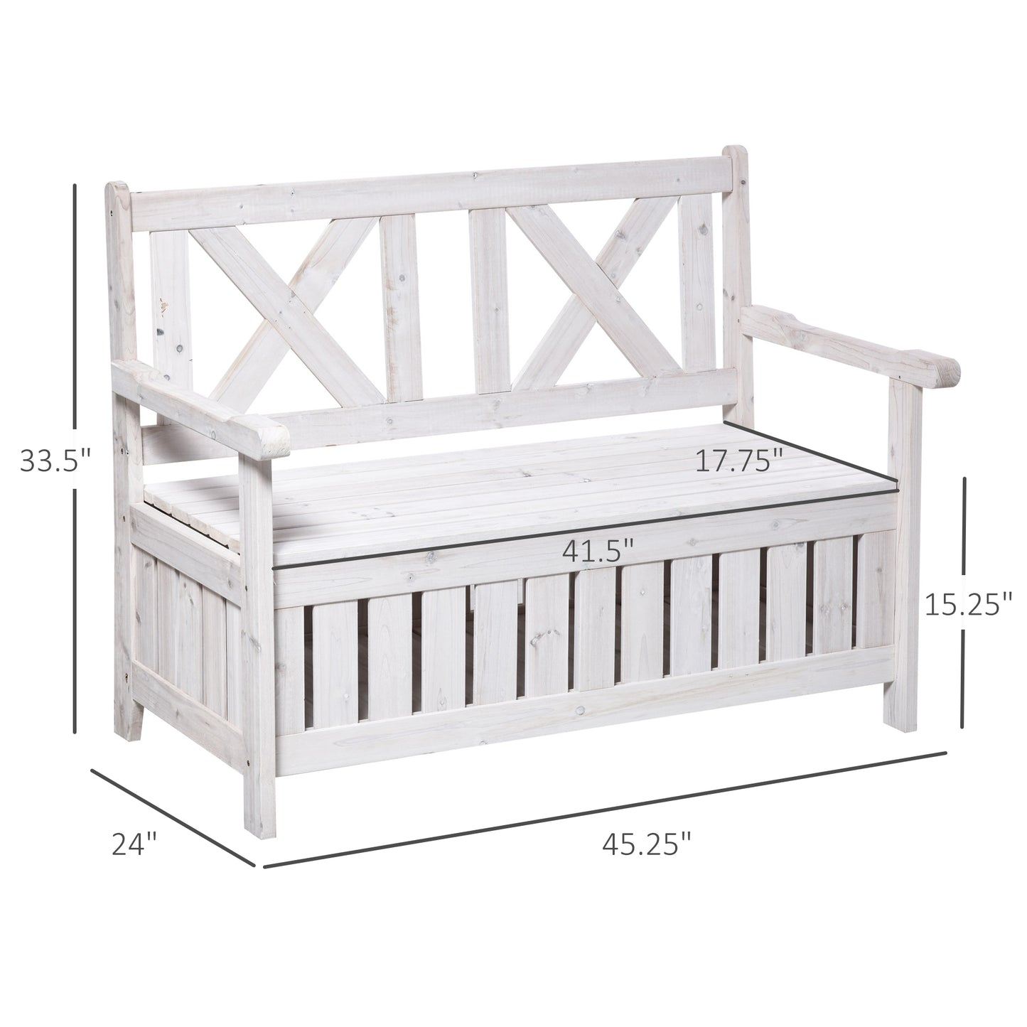 White washed wood storage bench with Xback design and slatted front