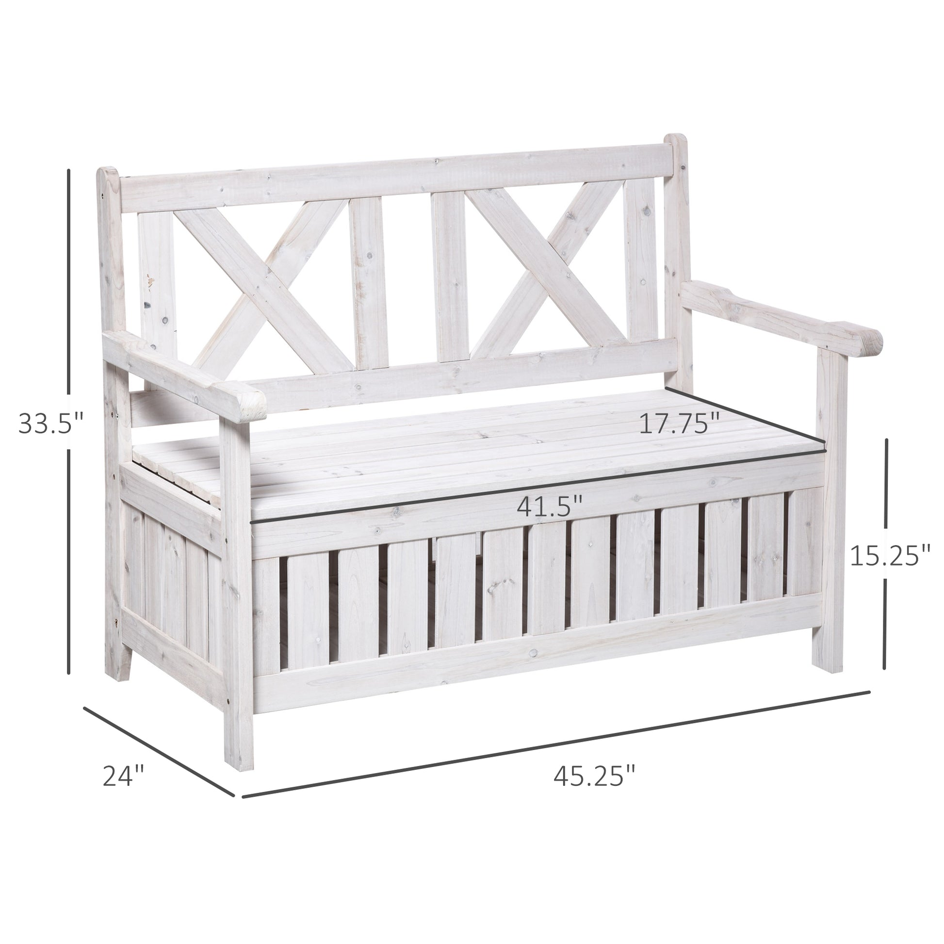 White washed wood storage bench with Xback design and slatted front