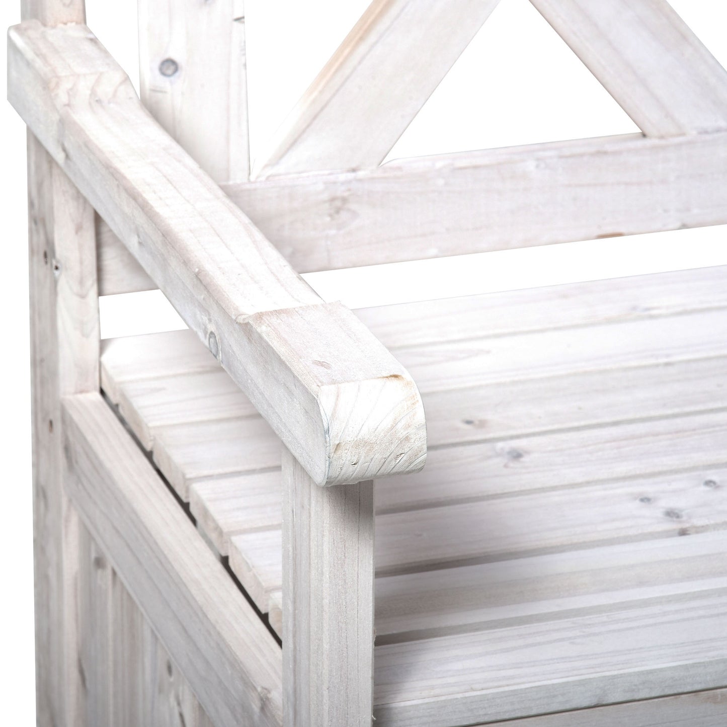 Weathered wood garden bench with distressed white finish and xback design