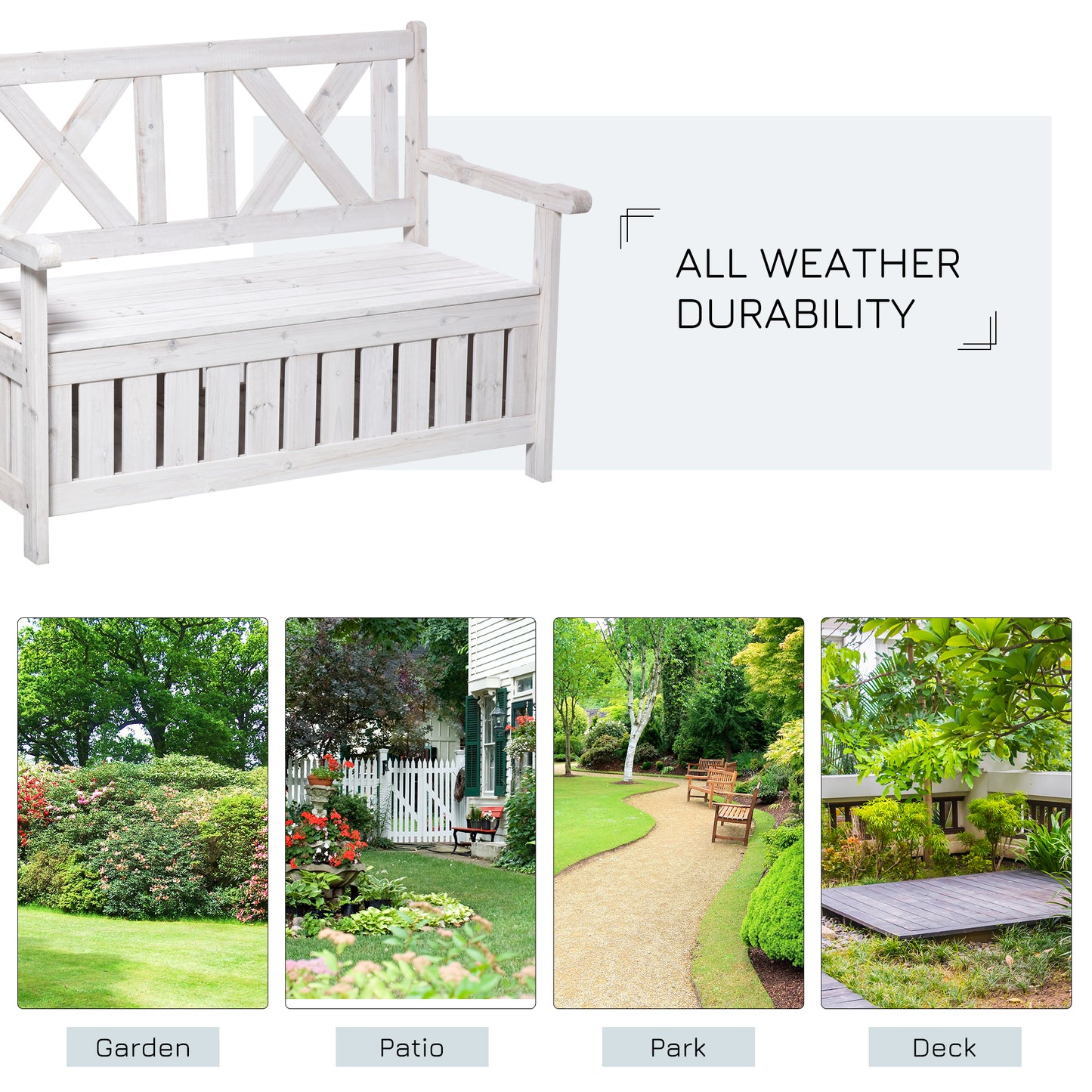 White wooden garden bench with Xback detail and storage ideal for outdoor seating