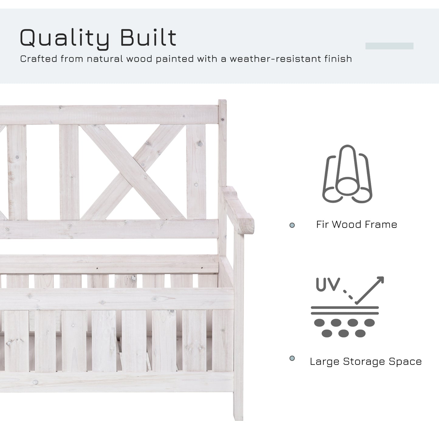 White washed fir wood bench with Xback design and slatted seat