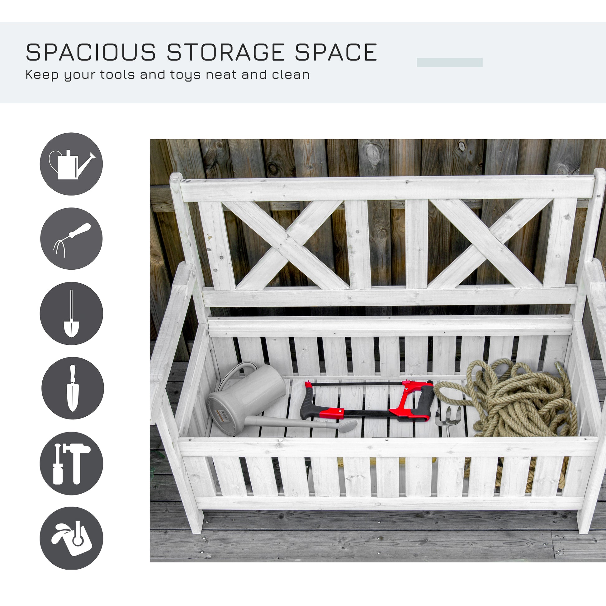 White wooden storage bench with gardening tools including a watering can and saw