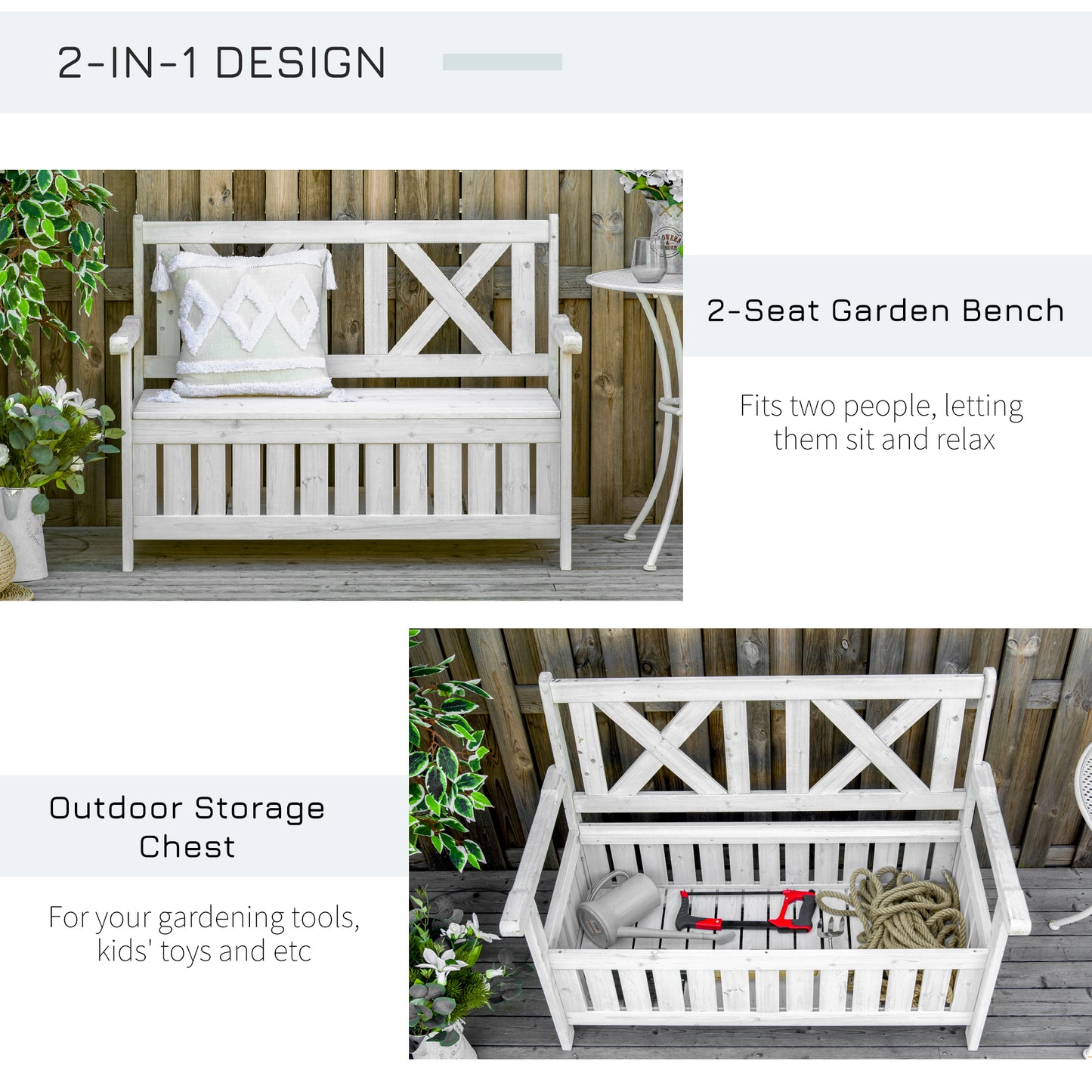 White wooden twoseat garden bench with Xshaped backrest detail