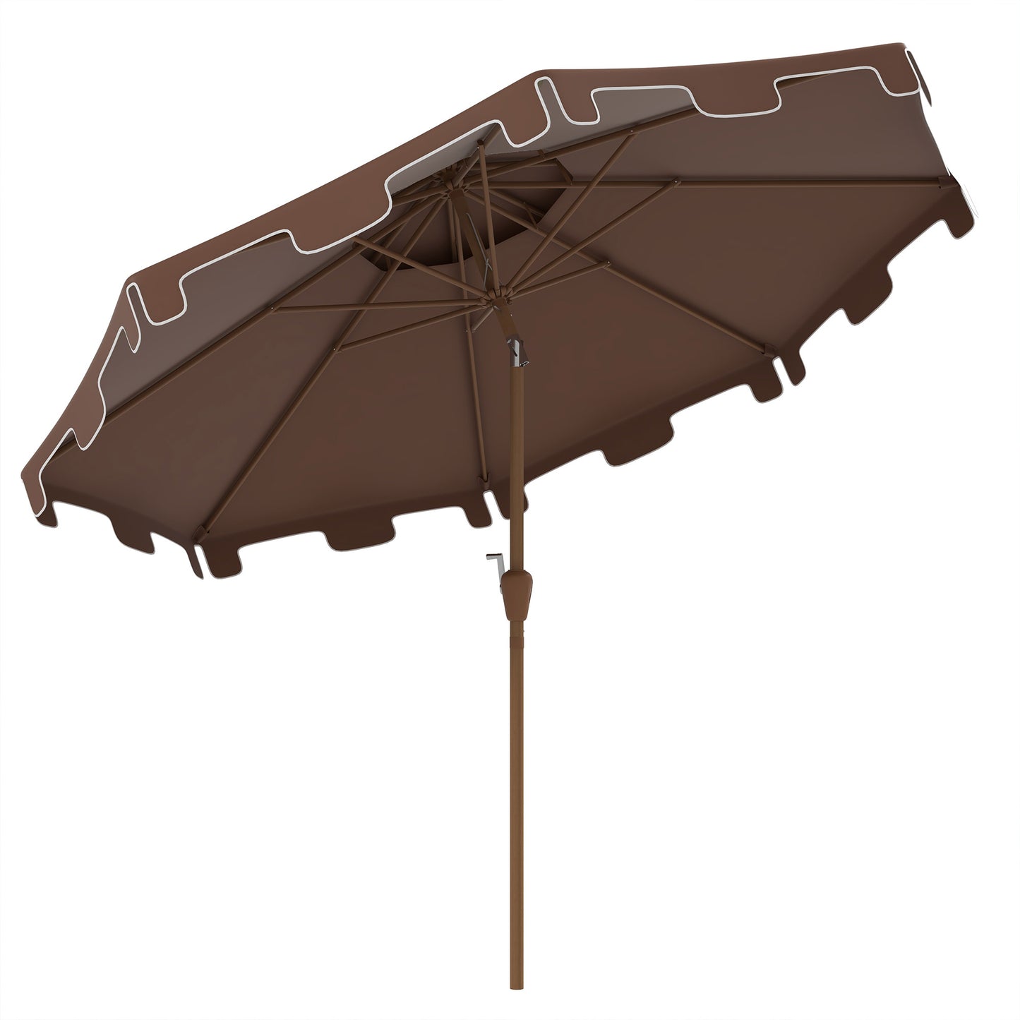 Brown patio umbrella with scalloped edge and white trim angled view