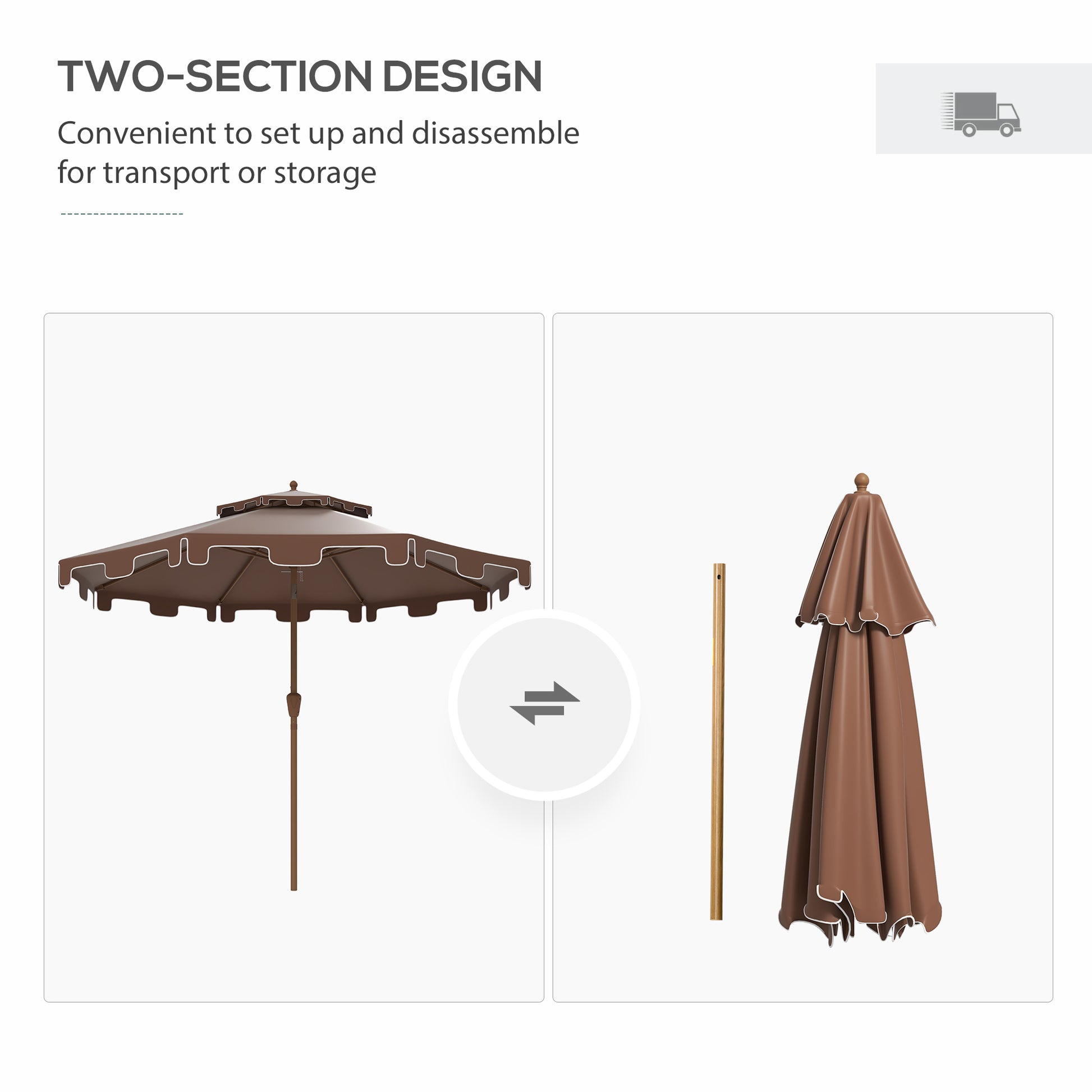 Brown patio umbrella with scalloped edges and white trim open and set up