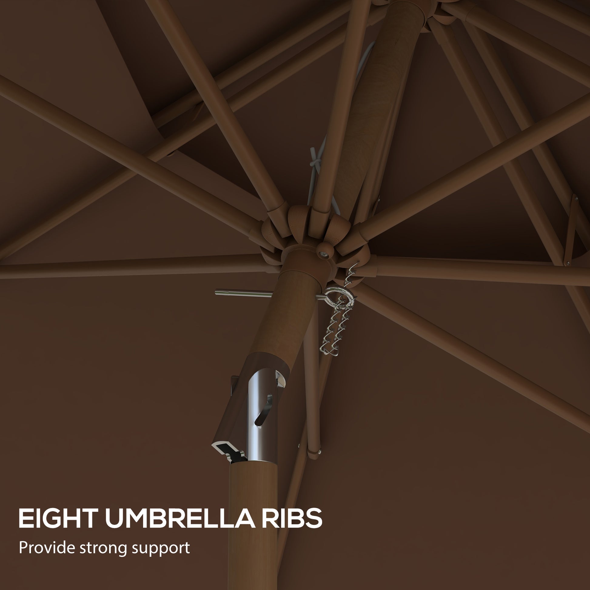 Closeup of a brown patio umbrellas underside showing its eight robust fiberglass ribs supporting the canopy