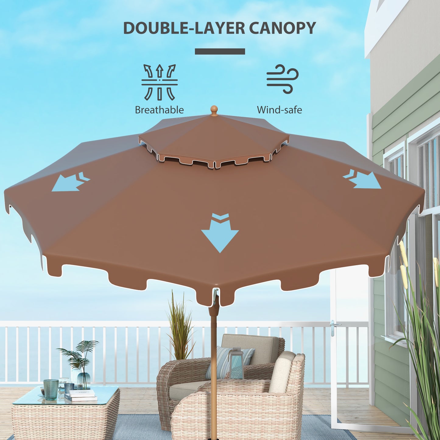Brown doublelayer patio umbrella with windsafe ventilation system for outdoor relaxation