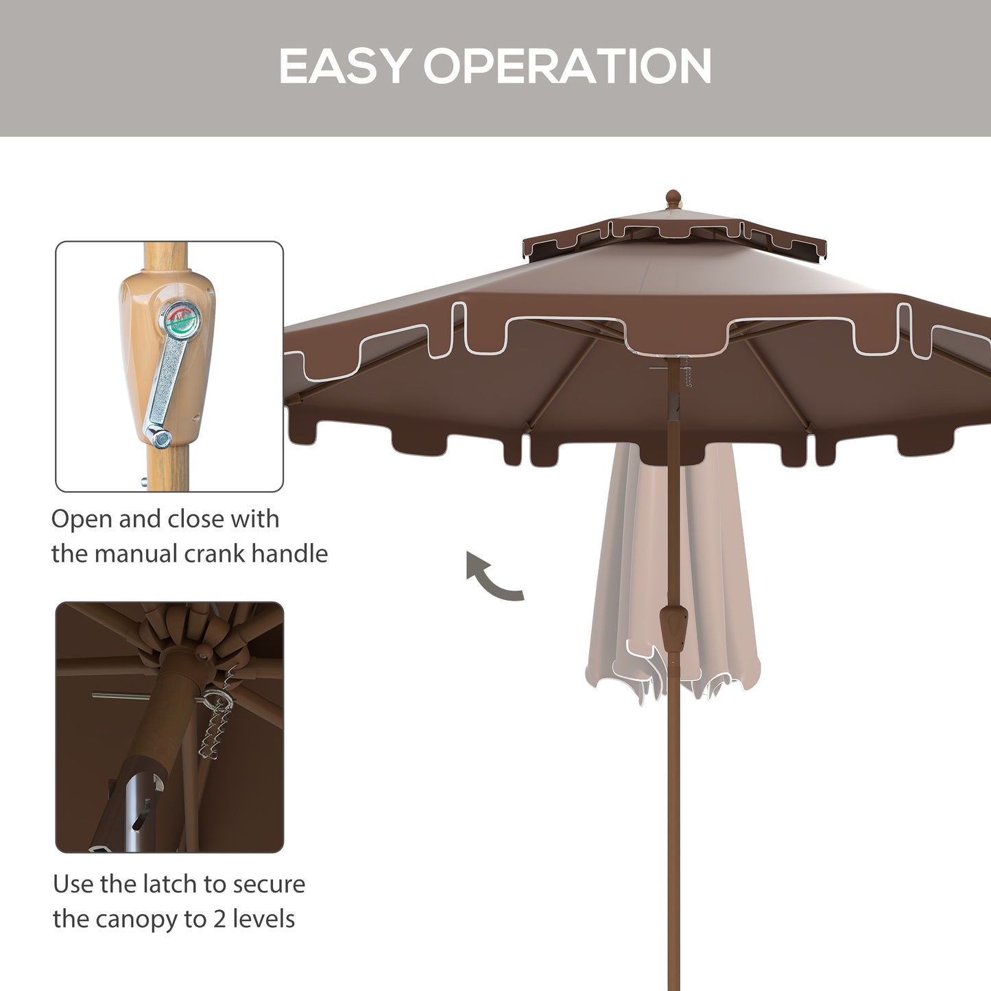 Brown patio umbrella with scalloped edge and white trim features crank handle