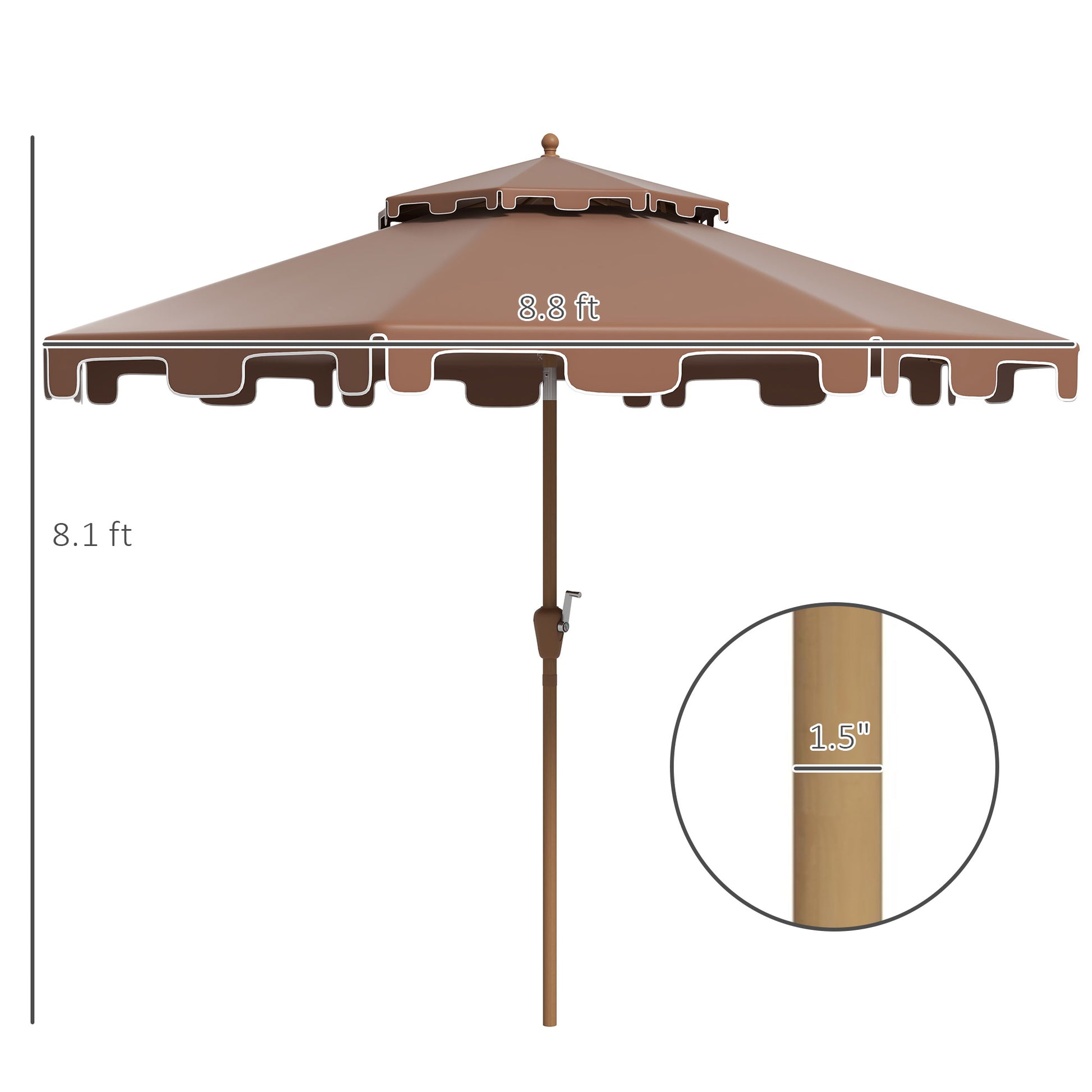 Brown patio umbrella with scalloped edge and doubletier canopy
