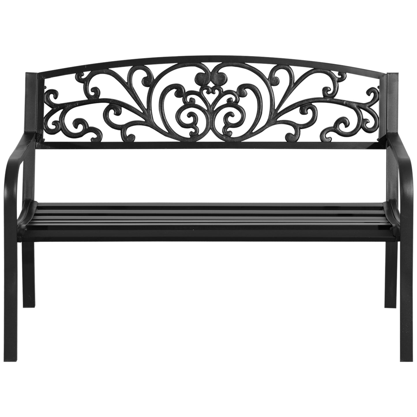 Black metal garden bench with ornate scrollwork on the backrest for outdoor seating