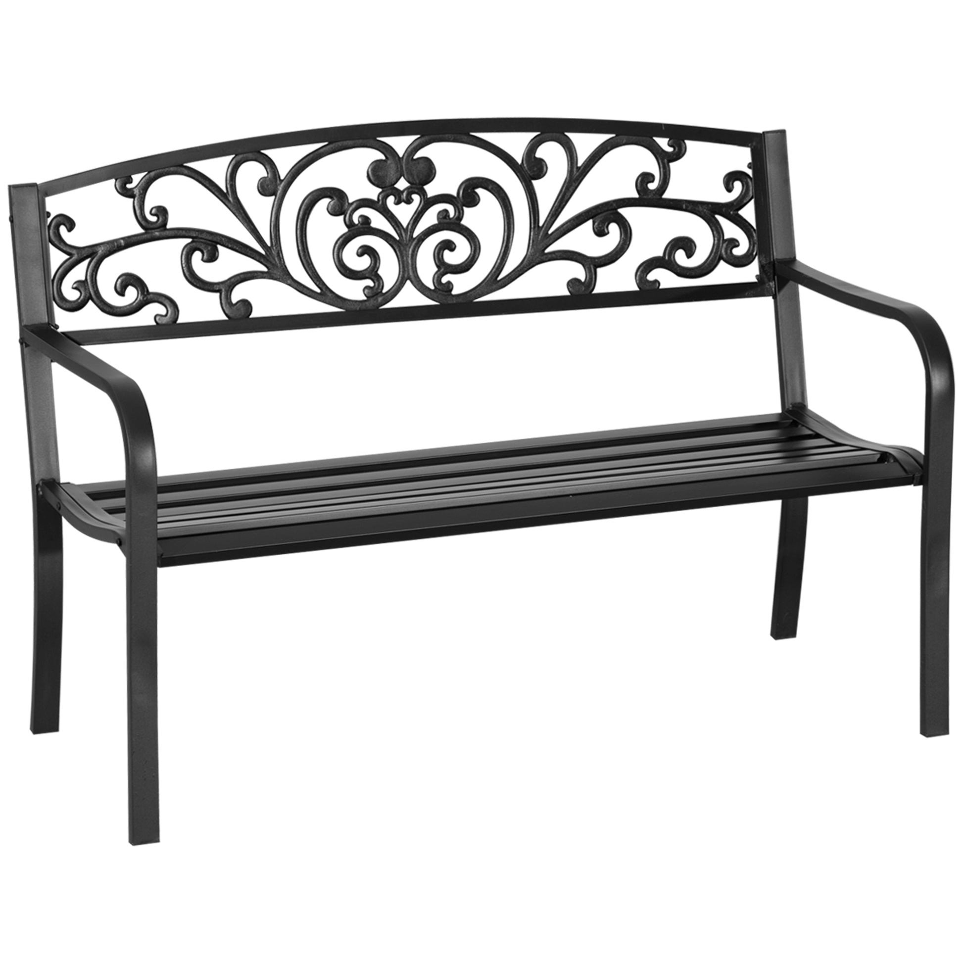 Black metal garden bench with ornate scrollwork back and slatted seat for outdoor seating