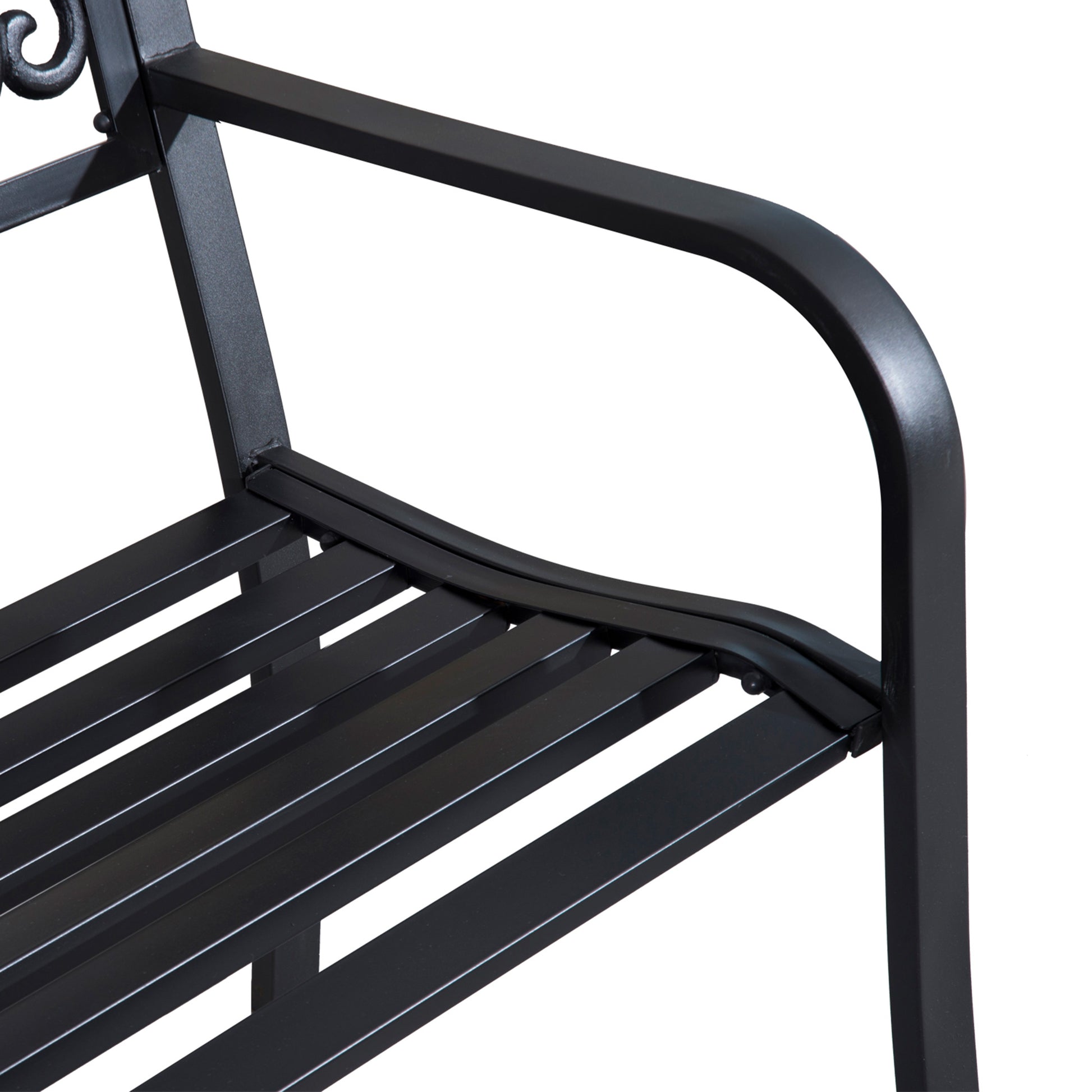 Black metal bench with slatted seat ideal for garden seating