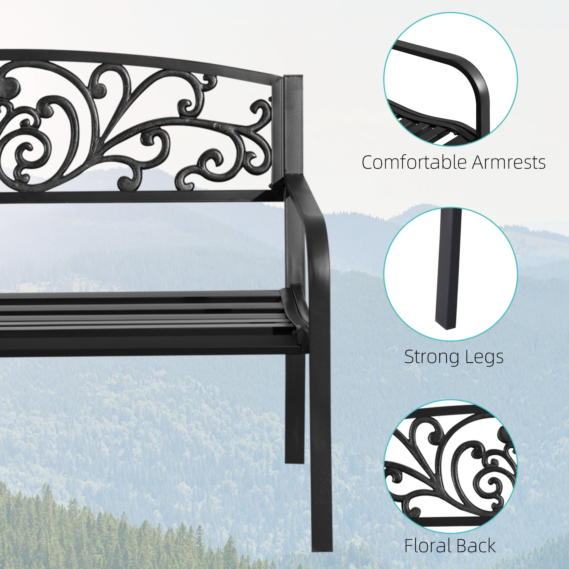 Black metal garden bench with ornate floral backrest and comfortable armrests