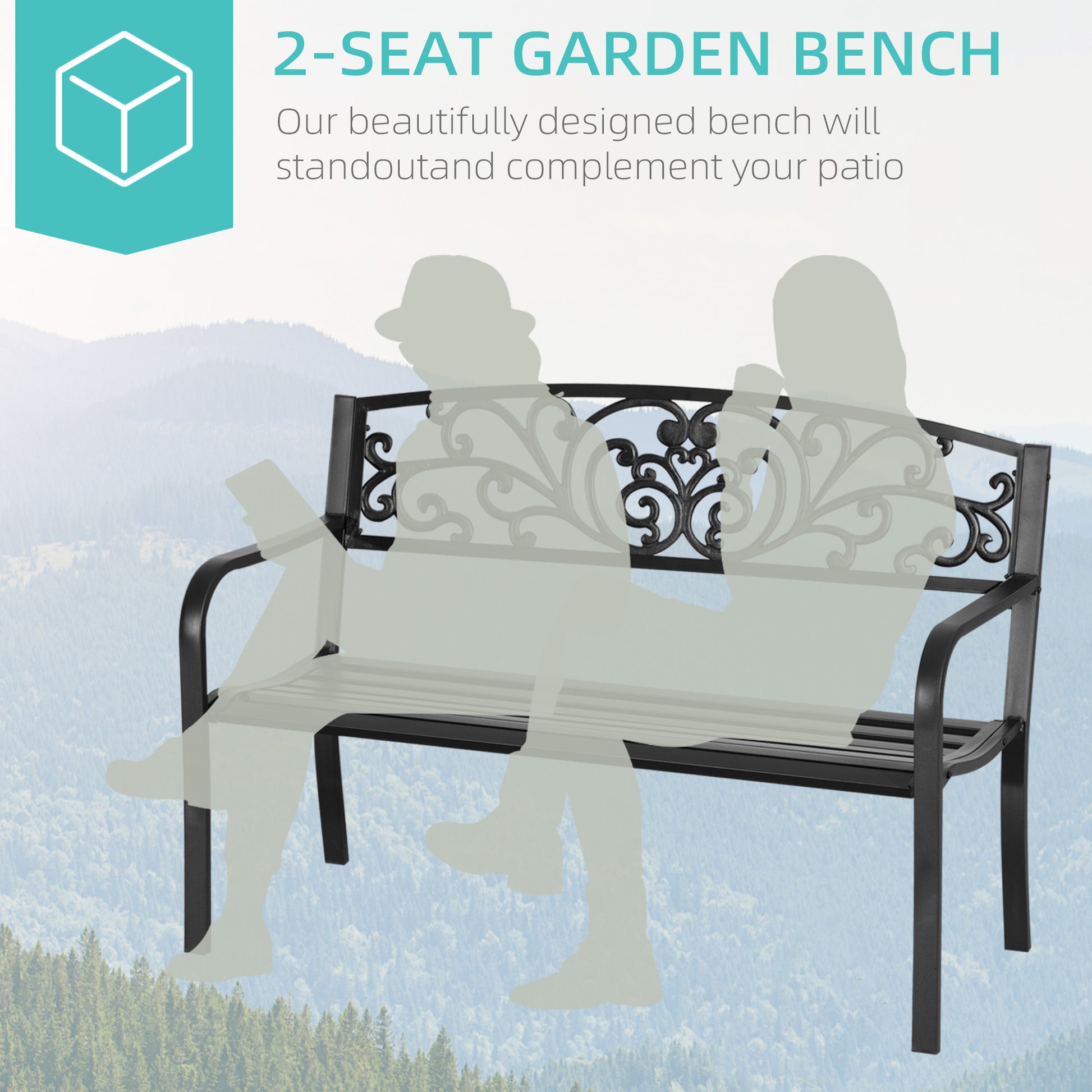 Black wrought iron seat garden bench with ornate backrest and slatted seat