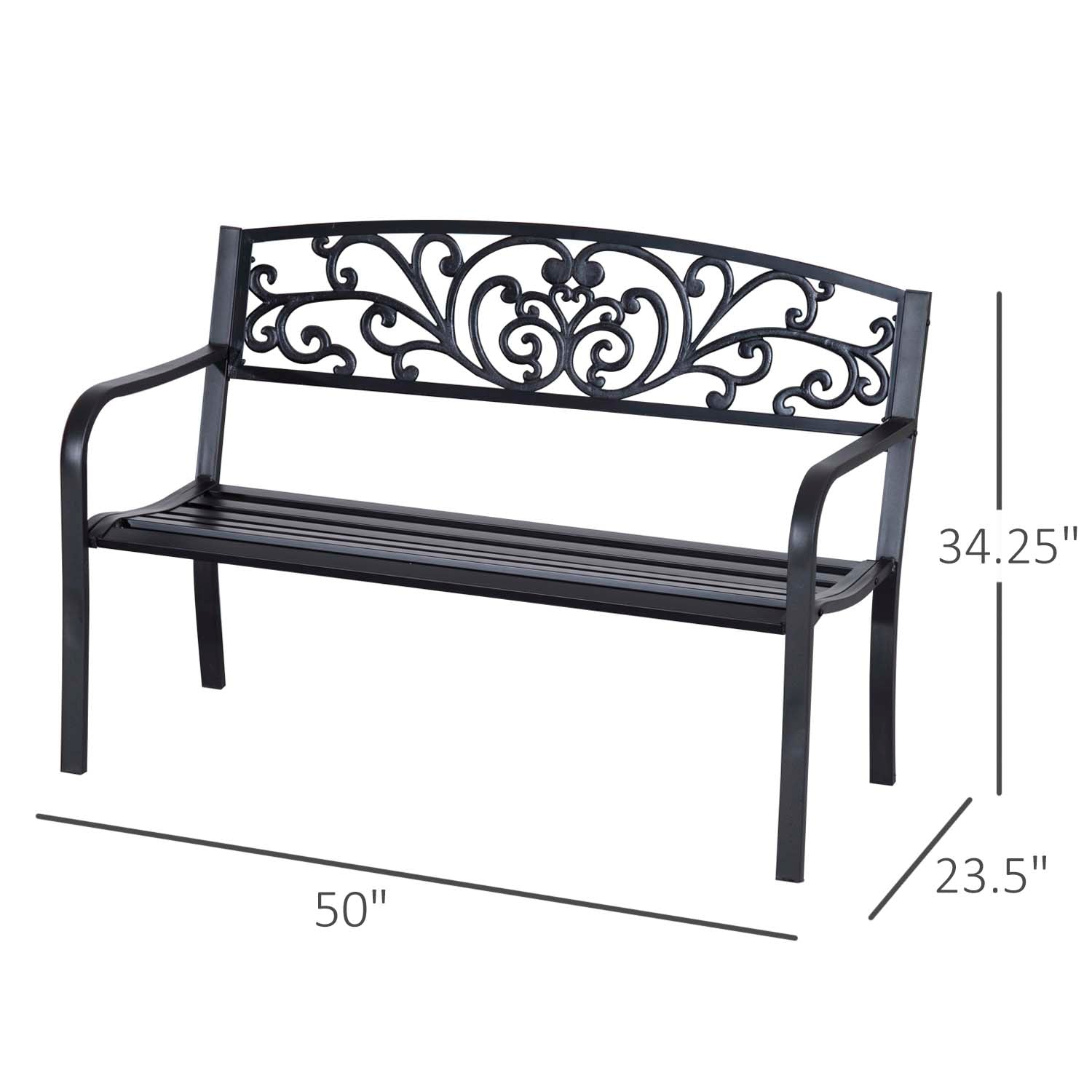 Black wrought iron garden bench with intricate scrollwork on the backrest for outdoor seating