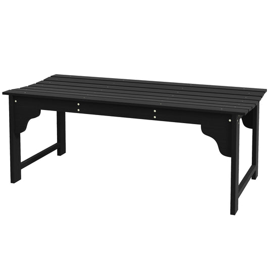 Black wooden park bench with slatted seat and decorative legs