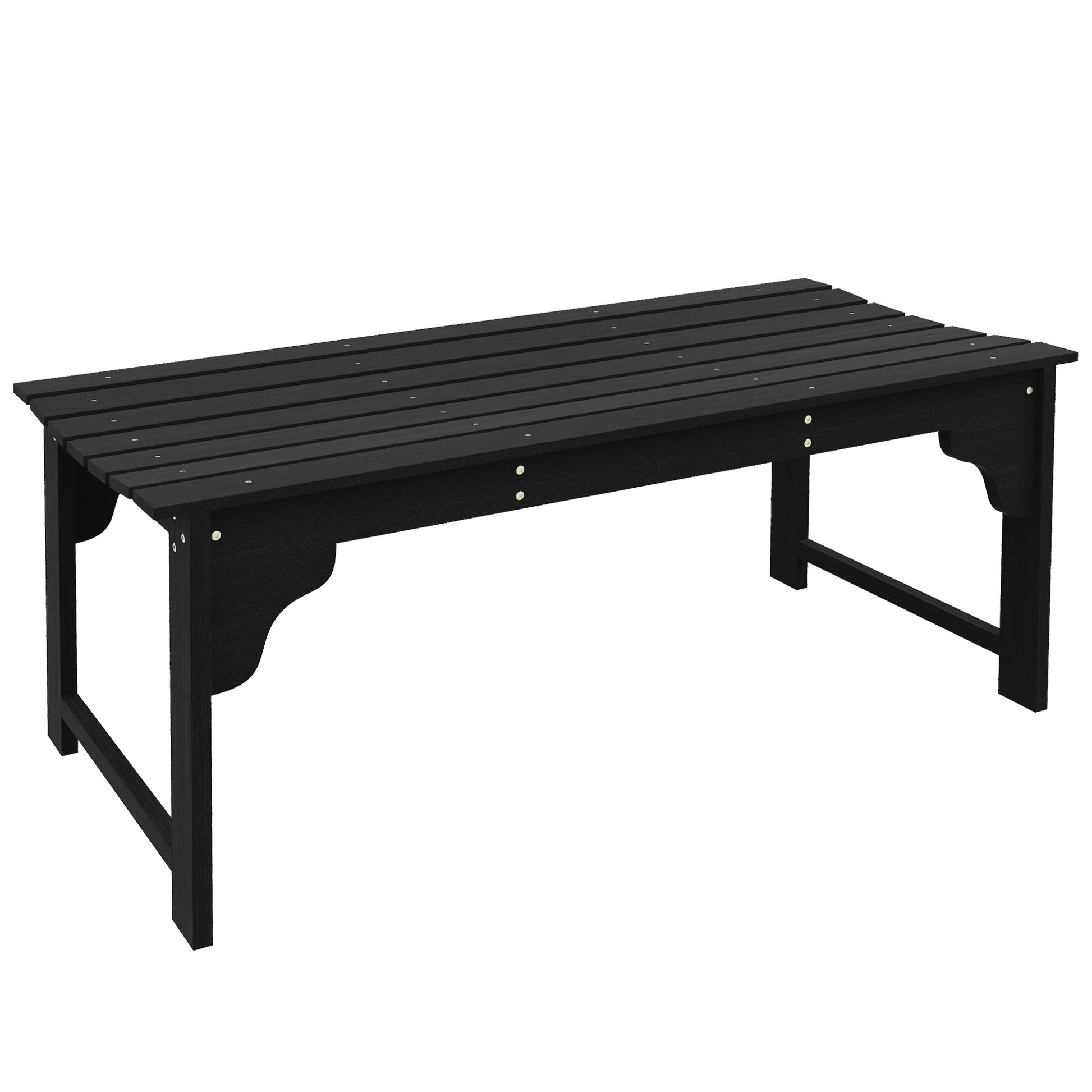 Black wooden garden bench with slatted seat and decorative legs