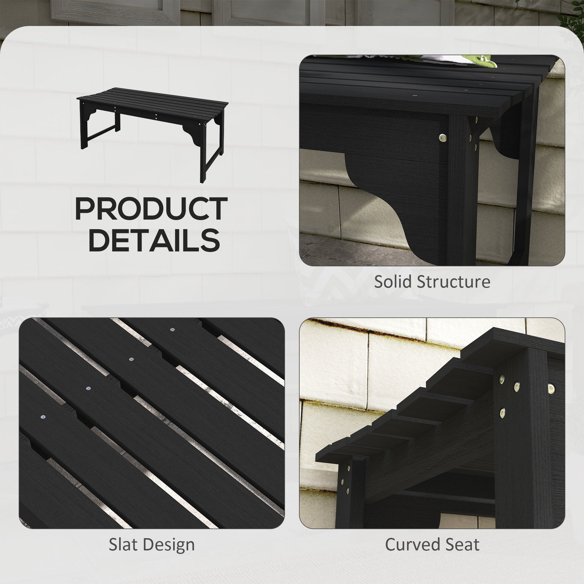 Black wooden outdoor bench with a slatted seat design and sturdy legs