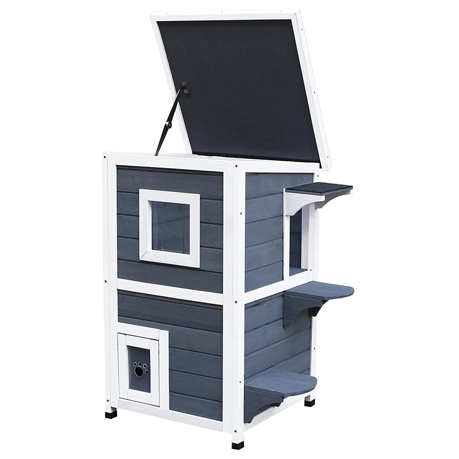 Twostory grey wooden cat house with white trim and open lid