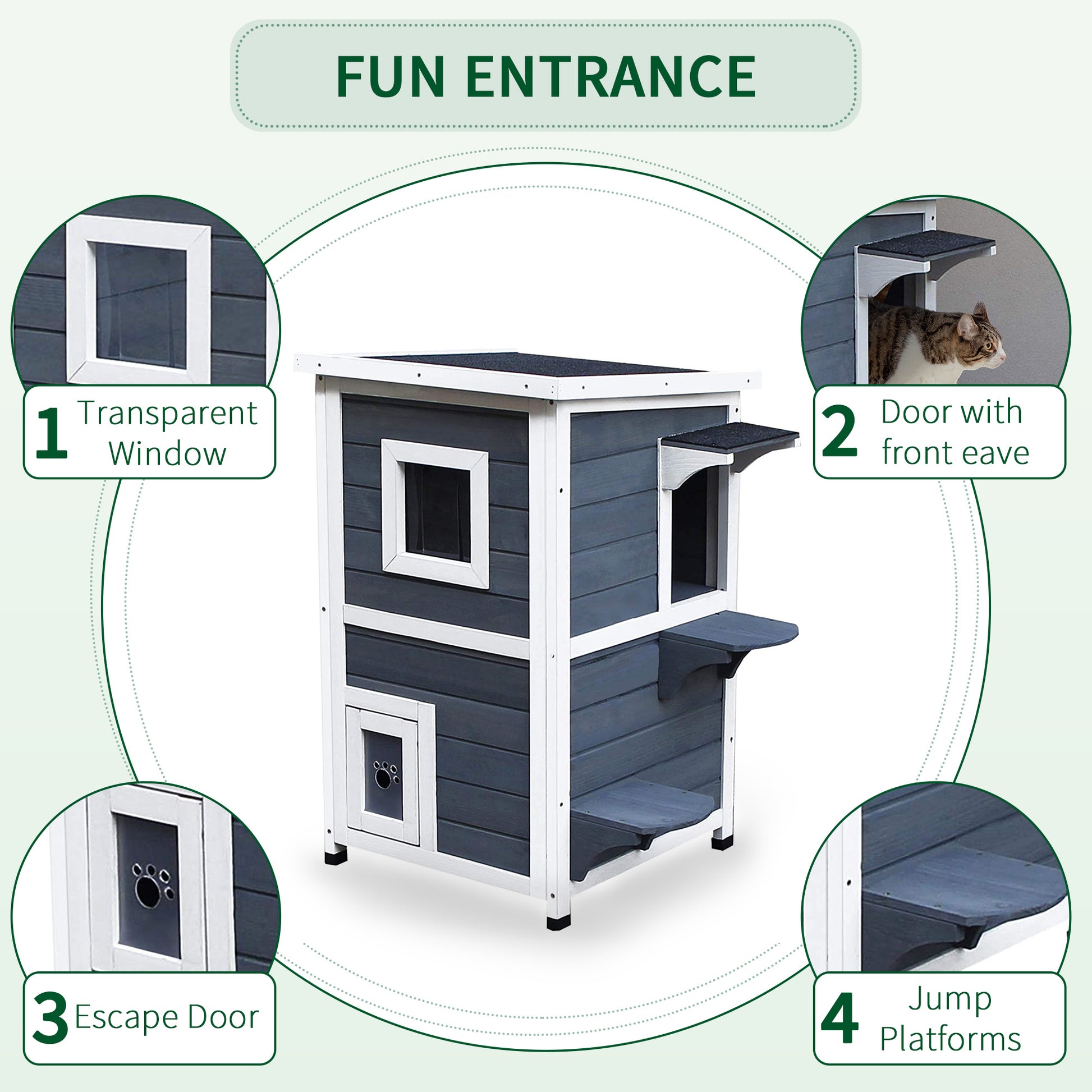 Dark gray wooden cat house with transparent window and white trim