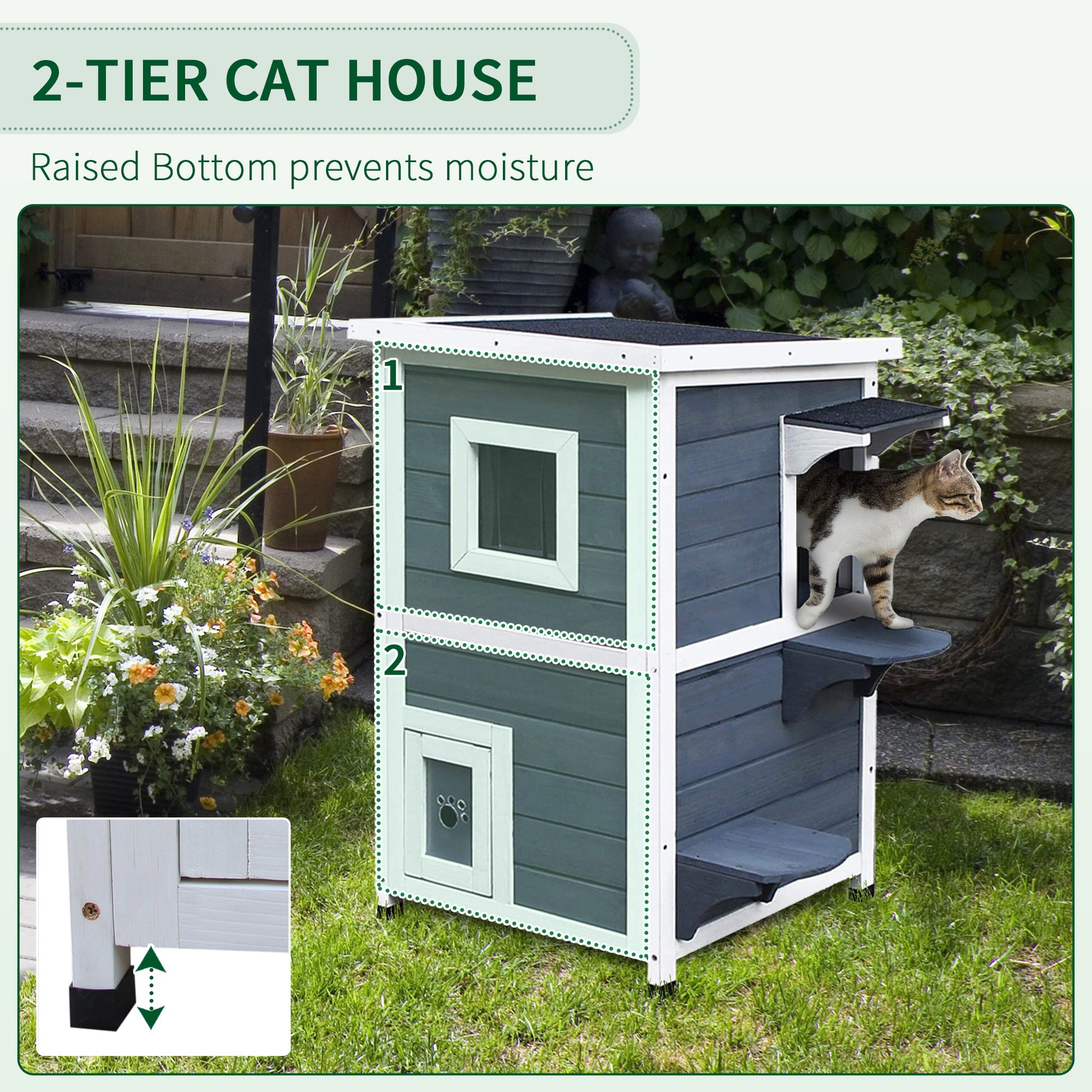 Twotier grey and white cat house with a cat emerging from the upper opening