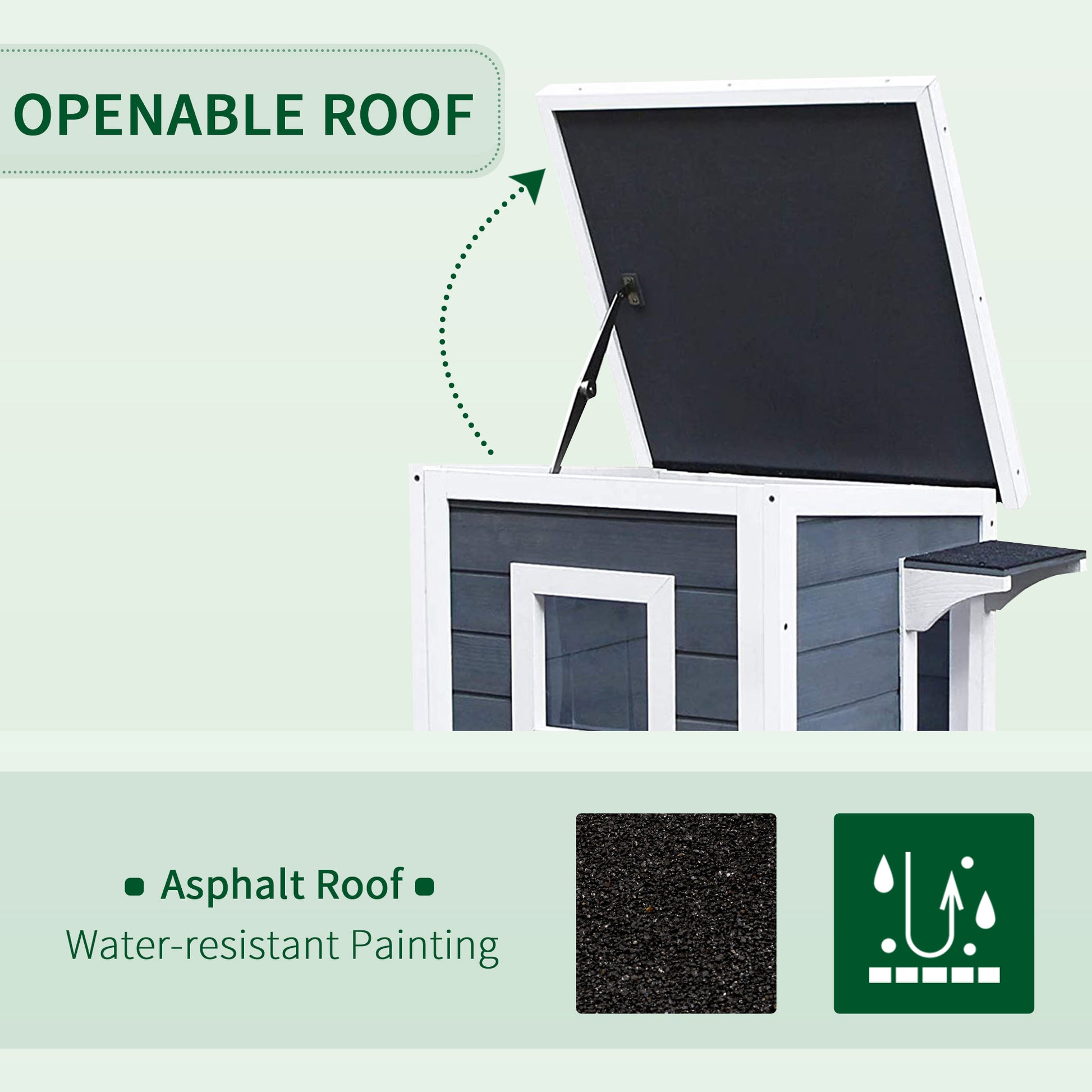 Gray and white dog house with openable asphalt roof