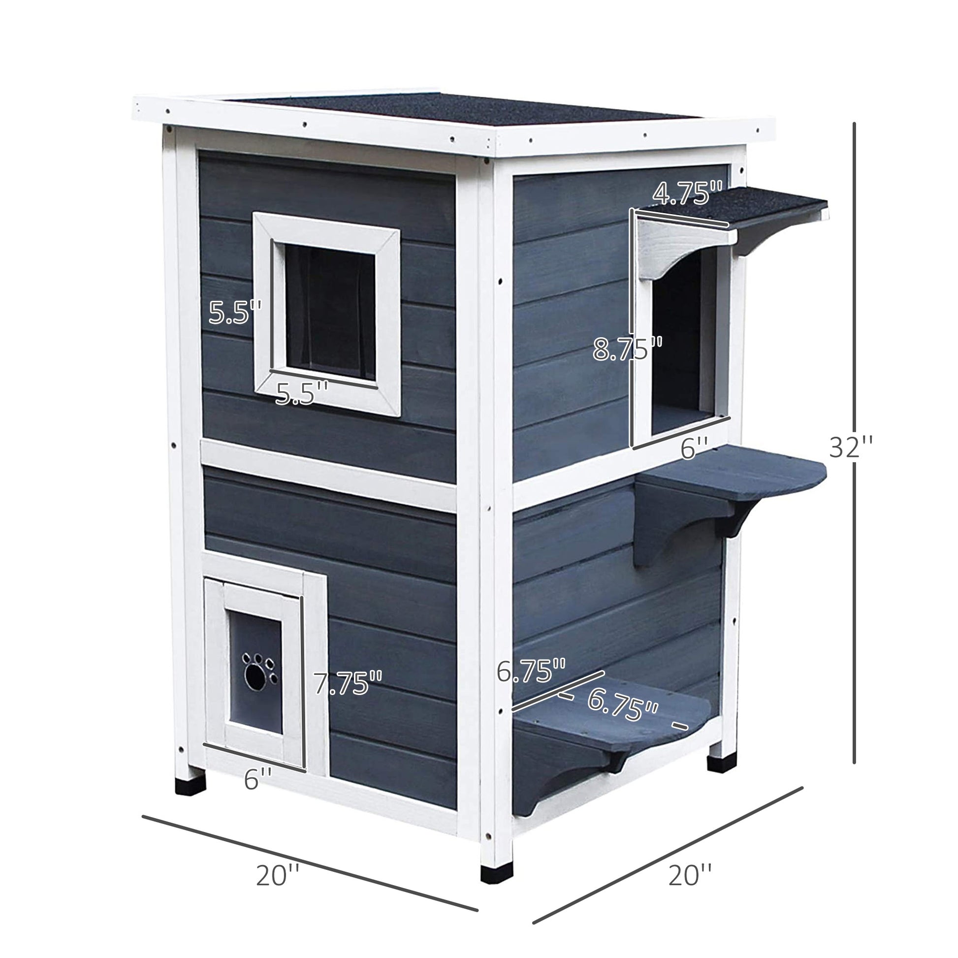 Grey twotier wooden cat house with white trim and multiple access points for cats