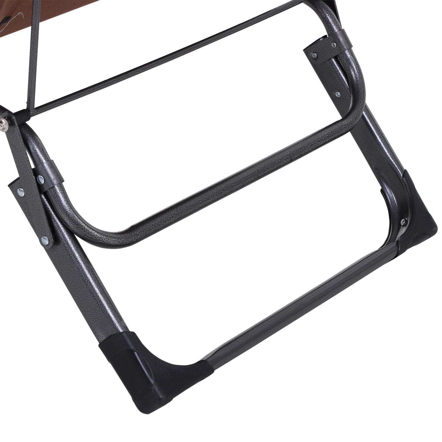 Closeup of a dark grey metal frame on a folding chair with black foot caps