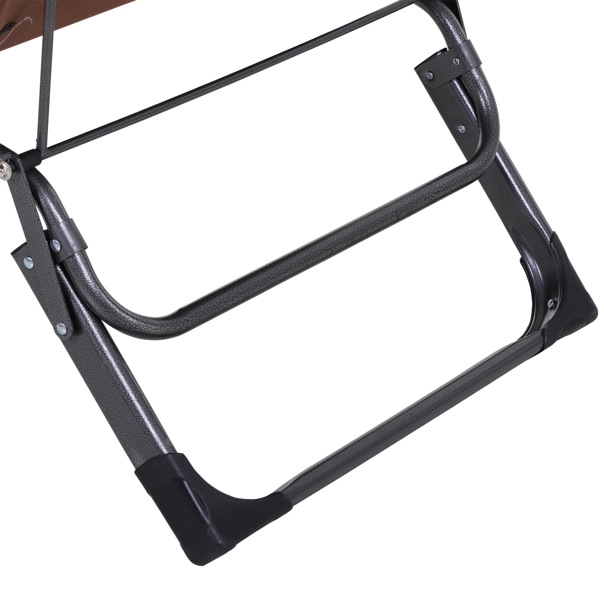 Closeup of a dark grey metal frame on a folding chair with black foot caps