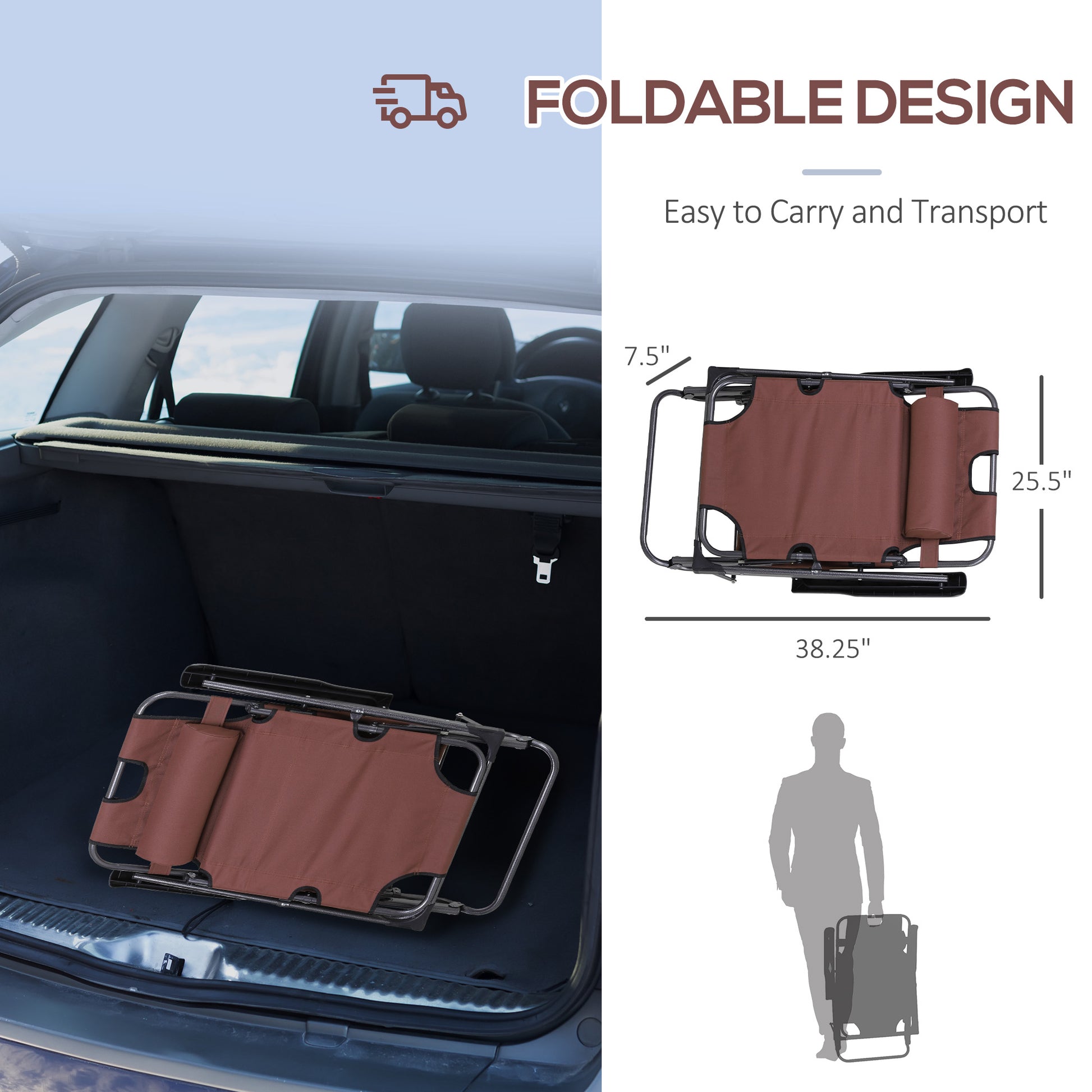 Brown canvas folding lounger chair with metal frame fits easily in car trunk