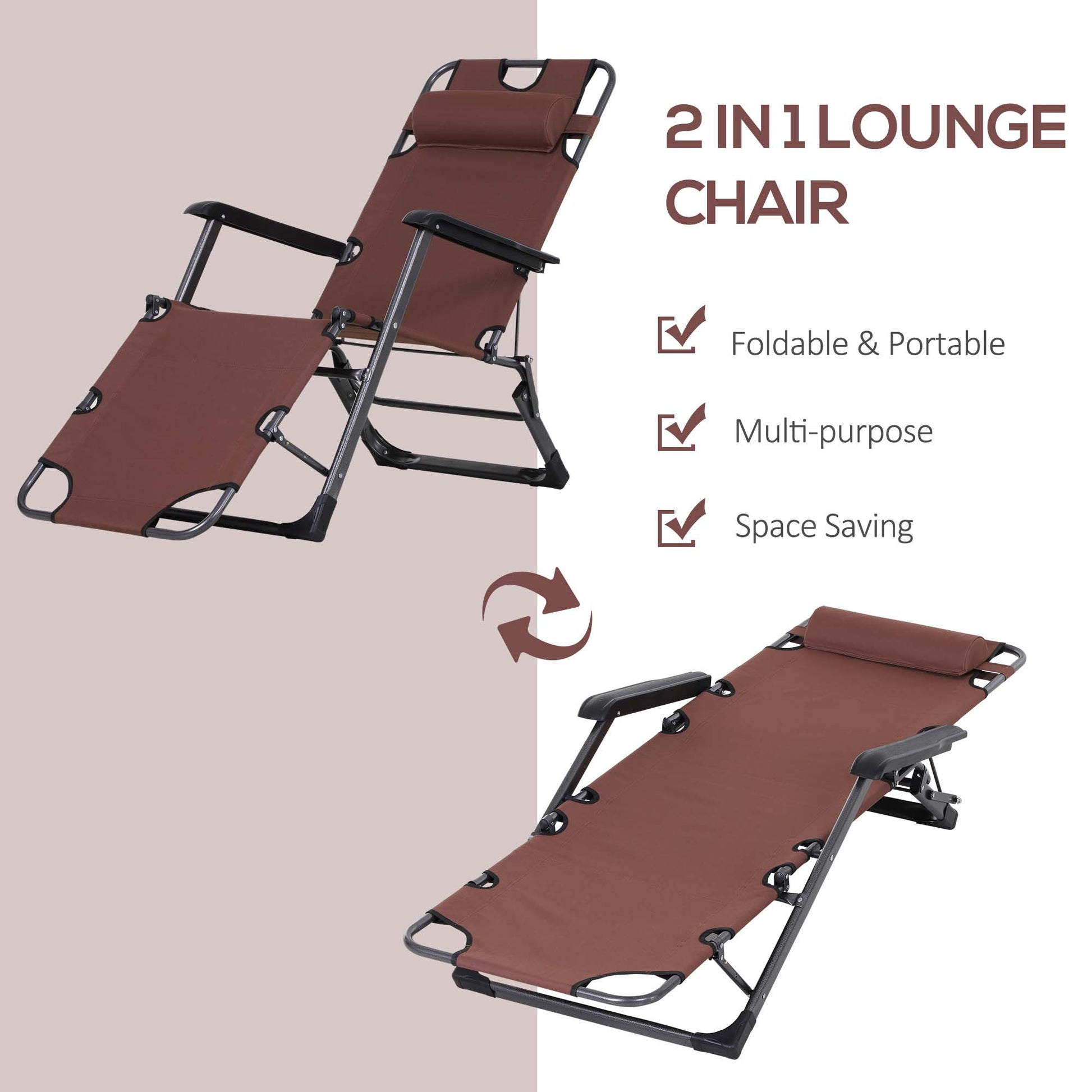 Brown foldable lounge chair with black frame and headrest reclined position