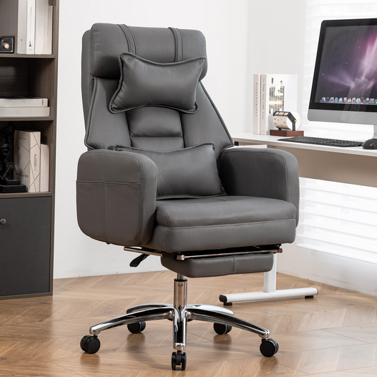 Ergonomic executive chair in grey faux leather with lumbar support and headrest
