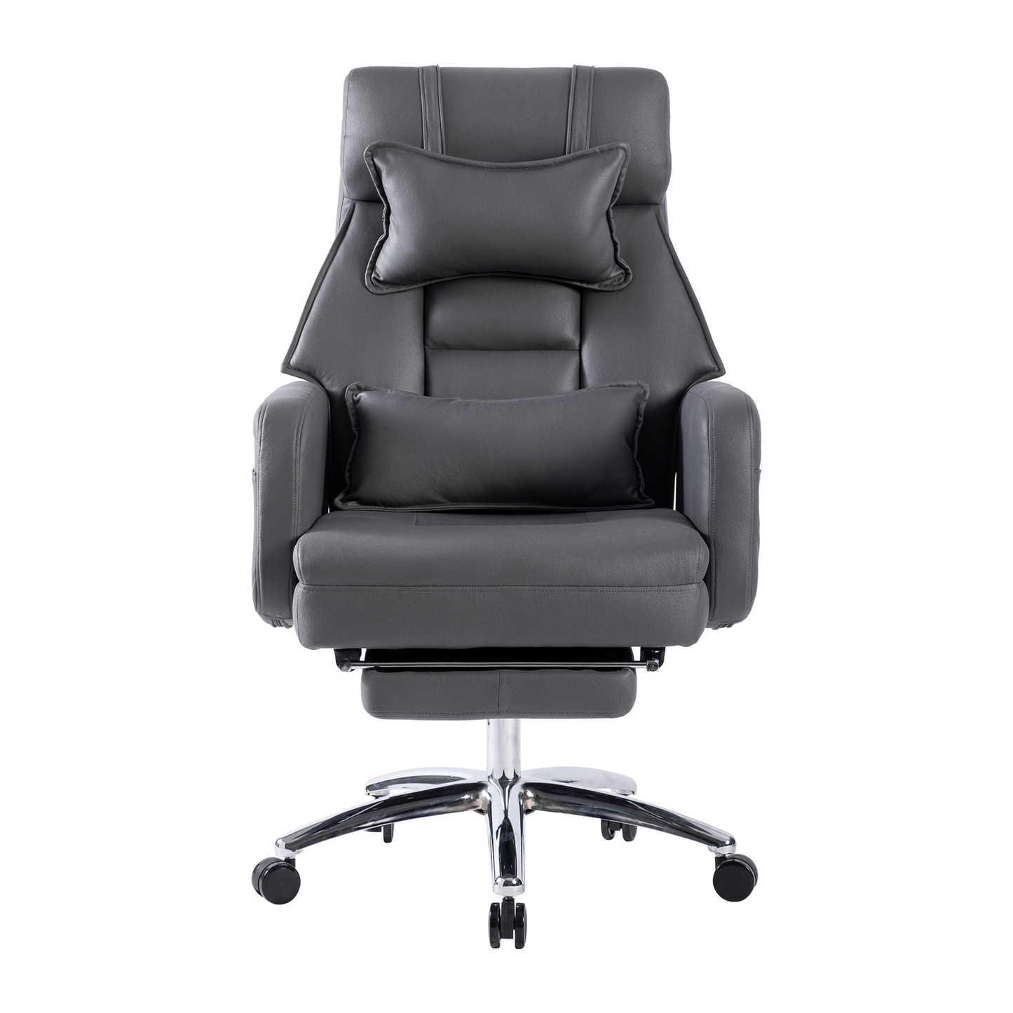 Ergonomic executive chair in dark gray faux leather with headrest and lumbar pillows