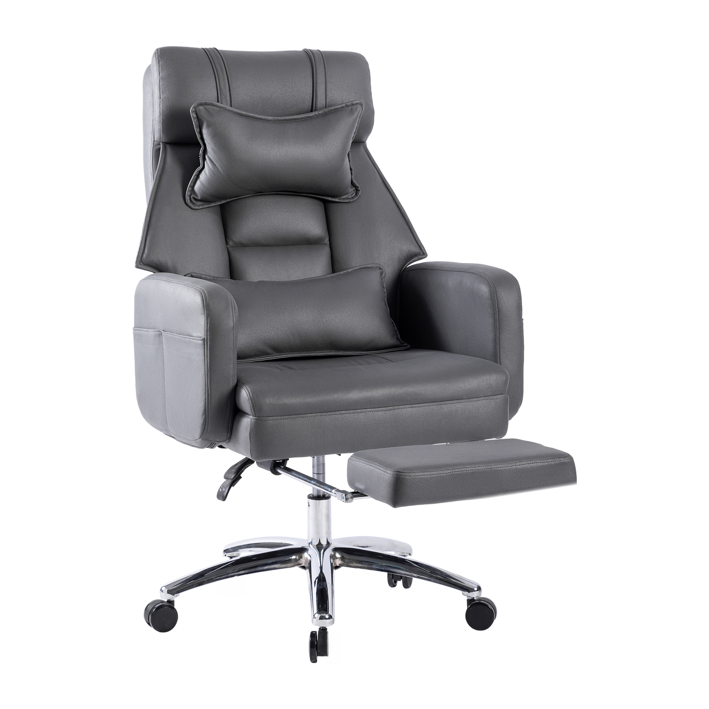Gray executive office chair with lumbar support and footrest ergonomic design