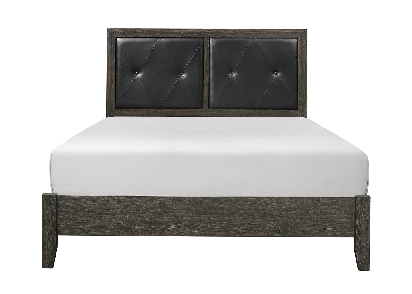 Dark wood modern platform bed frame with tufted black faux leather headboard