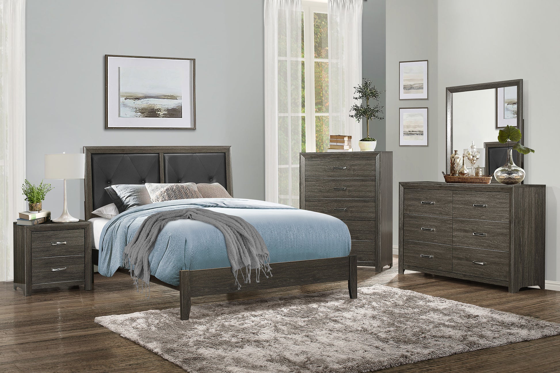 Modern upholstered bed frame with diamond tufting on headboard