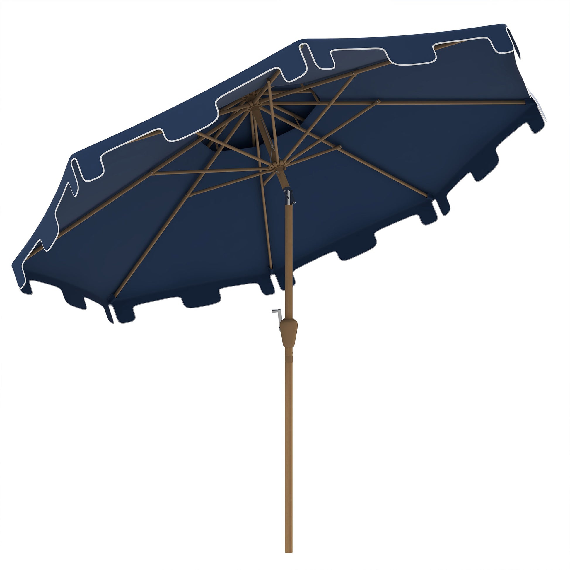 Navy blue patio umbrella with scalloped edges and white trim